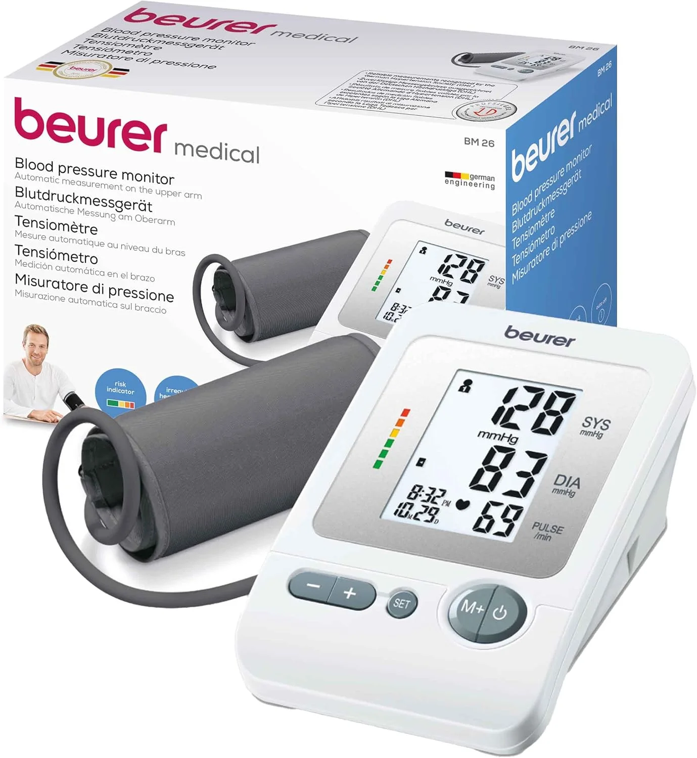 فشارسنج بازویی بیورر مدل BM26، کاف بزرگ، 4 کاربر، اتوماتیک و دیجیتال، صفحه نمایش بزرگ، تشخیص ضربان قلب نامنظم، دور بازو 22 تا 42 سانتی متر، مناسب برای استفاده خانگی، دقت بالا