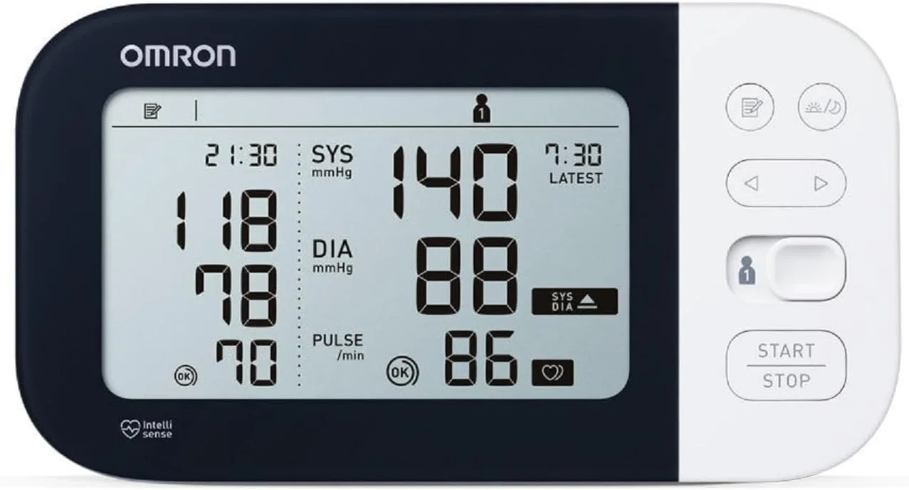 دستگاه فشار خون بازویی امرون مدل M7 با قابلیت تشخیص فیبریلاسیون دهلیزی (AFib)، ذخیره داده‌های 2 کاربر، دارای تاییدیه بالینی برای بیماران دیابتی و دوران بارداری، کاف بزرگ 22-42 سانتی‌متری، دستگاه هوشمند خانگی اندازه‌گیری فشار خون با بلوتوث و اپلیکیشن