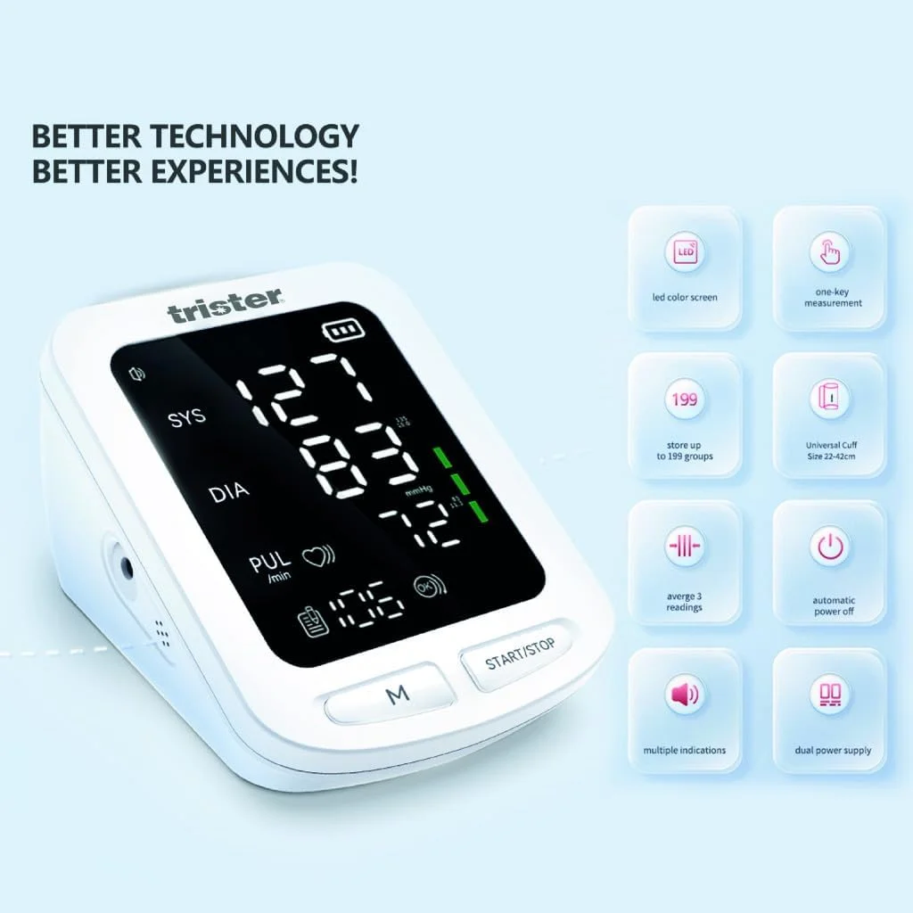 فشارسنج دیجیتال تریستر مدل TS‑300BP - 199 حافظه، بازوبند یونیورسال 22-43 سانتی‌متر، نمایشگر بزرگ، نشانگر ضربان قلب نامنظم