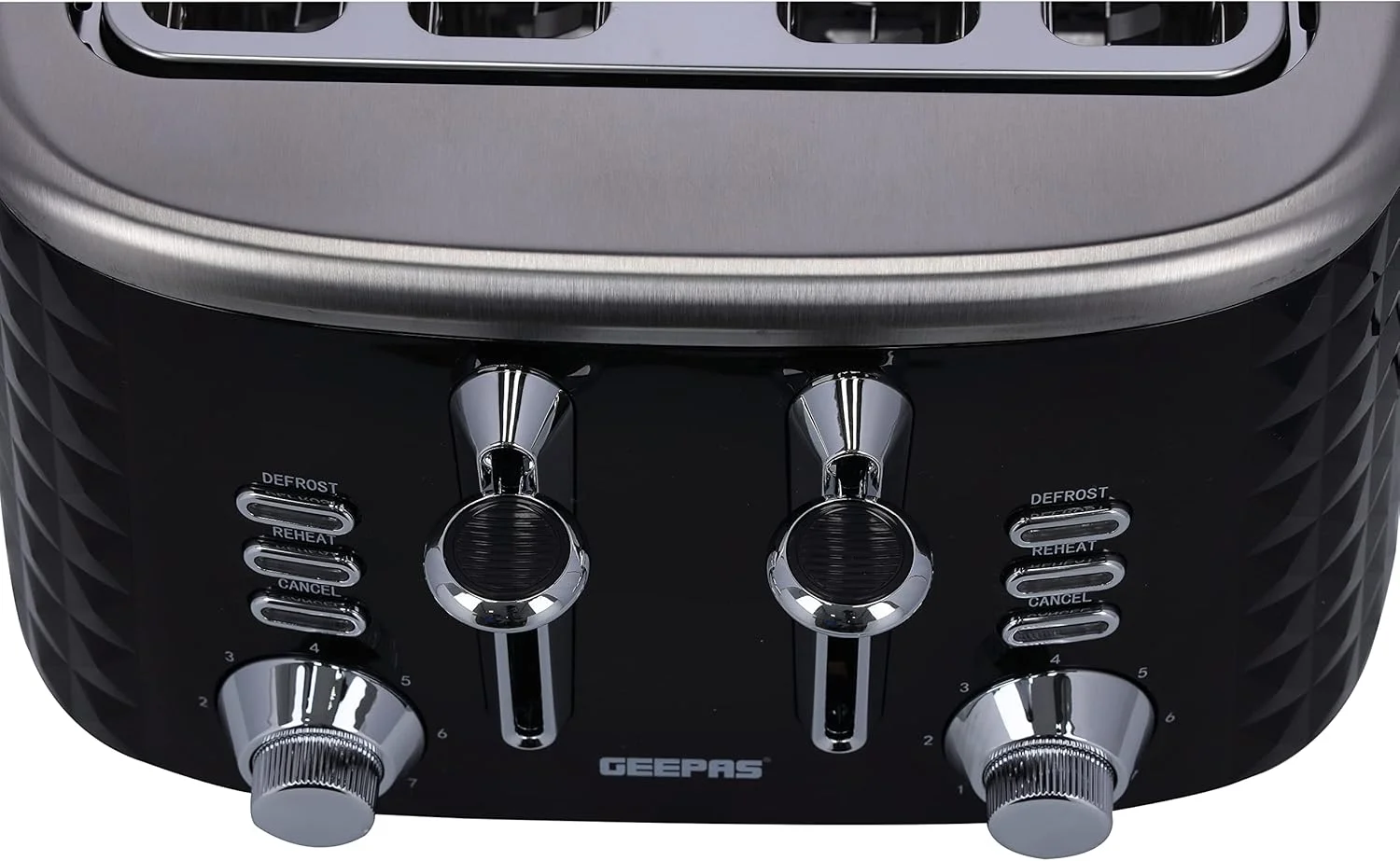 توستر نان 4 تکه Geepas - کنترل 7 درجه برشته شدن قابل تنظیم، توستر 4 تکه با سینی جمع آوری خرده نان قابل جابجایی، خود مرکز کننده | لغو، یخ زدایی و گرم کردن مجدد | مناسب برای ساندویچ، تست و موارد دیگر