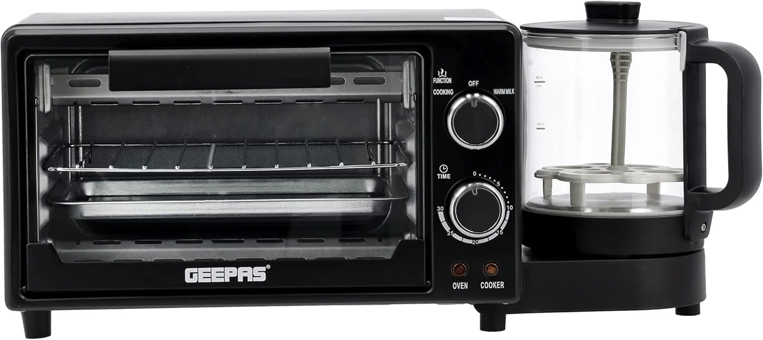 دستگاه صبحانه ساز چند منظوره جیپاس، فر با ظرفیت 9 لیتر، کتری قوری 800 میلی لیتری برای جوشاندن آب، دستگاه خانوادگی با تایمر 30 دقیقه ای و عملکردهای پخت و پز، مشکی.