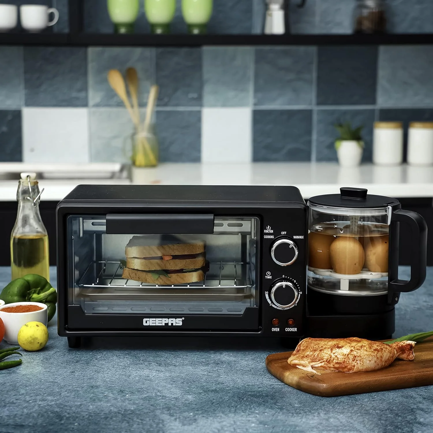 دستگاه صبحانه ساز چند منظوره جیپاس، فر با ظرفیت 9 لیتر، کتری قوری 800 میلی لیتری برای جوشاندن آب، دستگاه خانوادگی با تایمر 30 دقیقه ای و عملکردهای پخت و پز، مشکی. دستگاه صبحانه ساز چند منظوره جیپاس، فر با ظرفیت 9 لیتر، کتری قوری 800 میلی لیتری برای جوشاندن آب، دستگاه خانوادگی با تایمر 30 دقیقه ای و عملکردهای پخت و پز، مشکی.