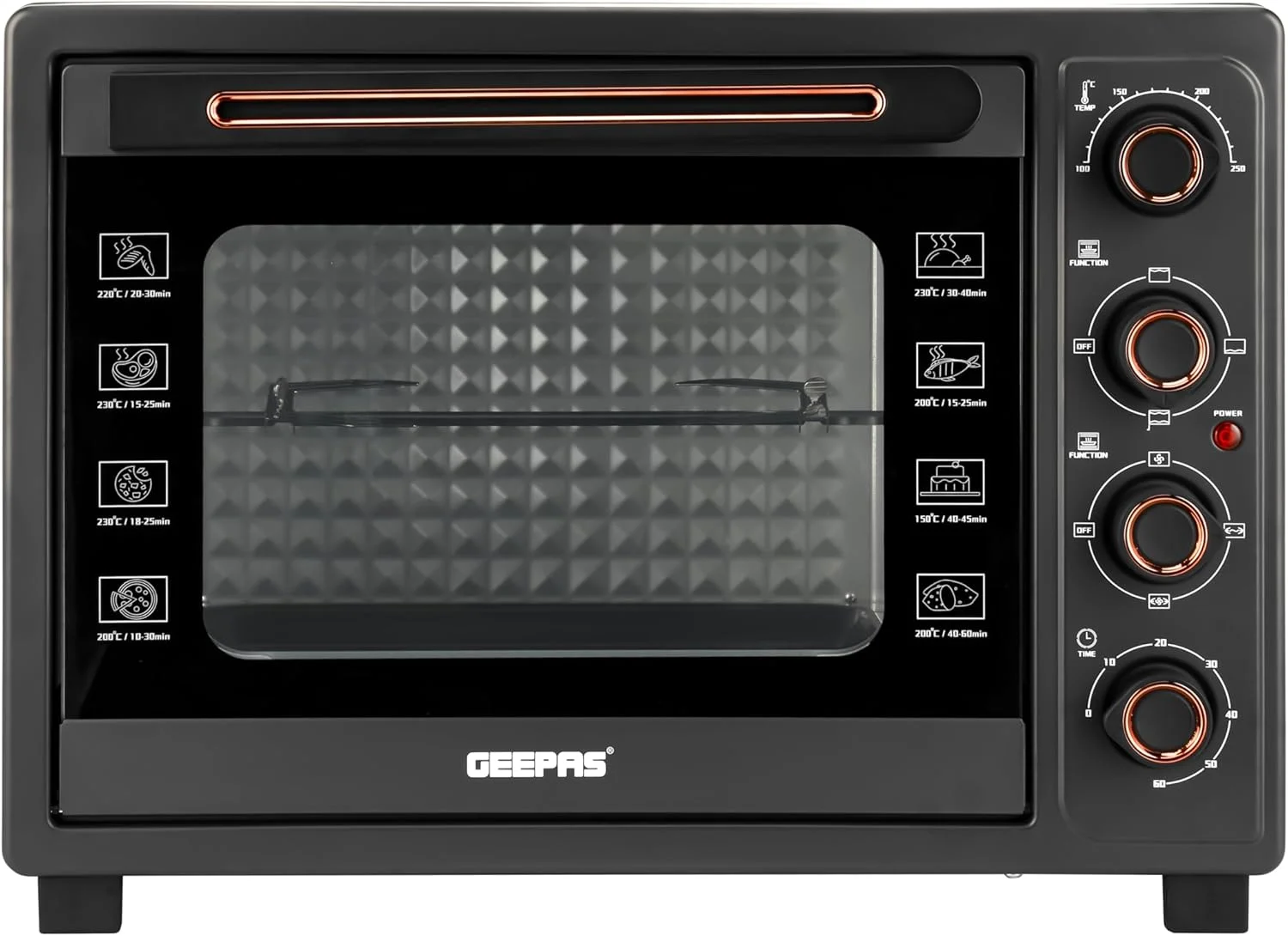 آون توستر برقی 58 لیتری جیپاس مدل GO34060 | 2100 وات، دارای جوجه گردان | استفاده آسان با دکمه های کنترلی، انتخابگر حرارتی 2 حالته، دمای قابل تنظیم | ایده آل برای پخت، برشته کردن، کیک و غیره.