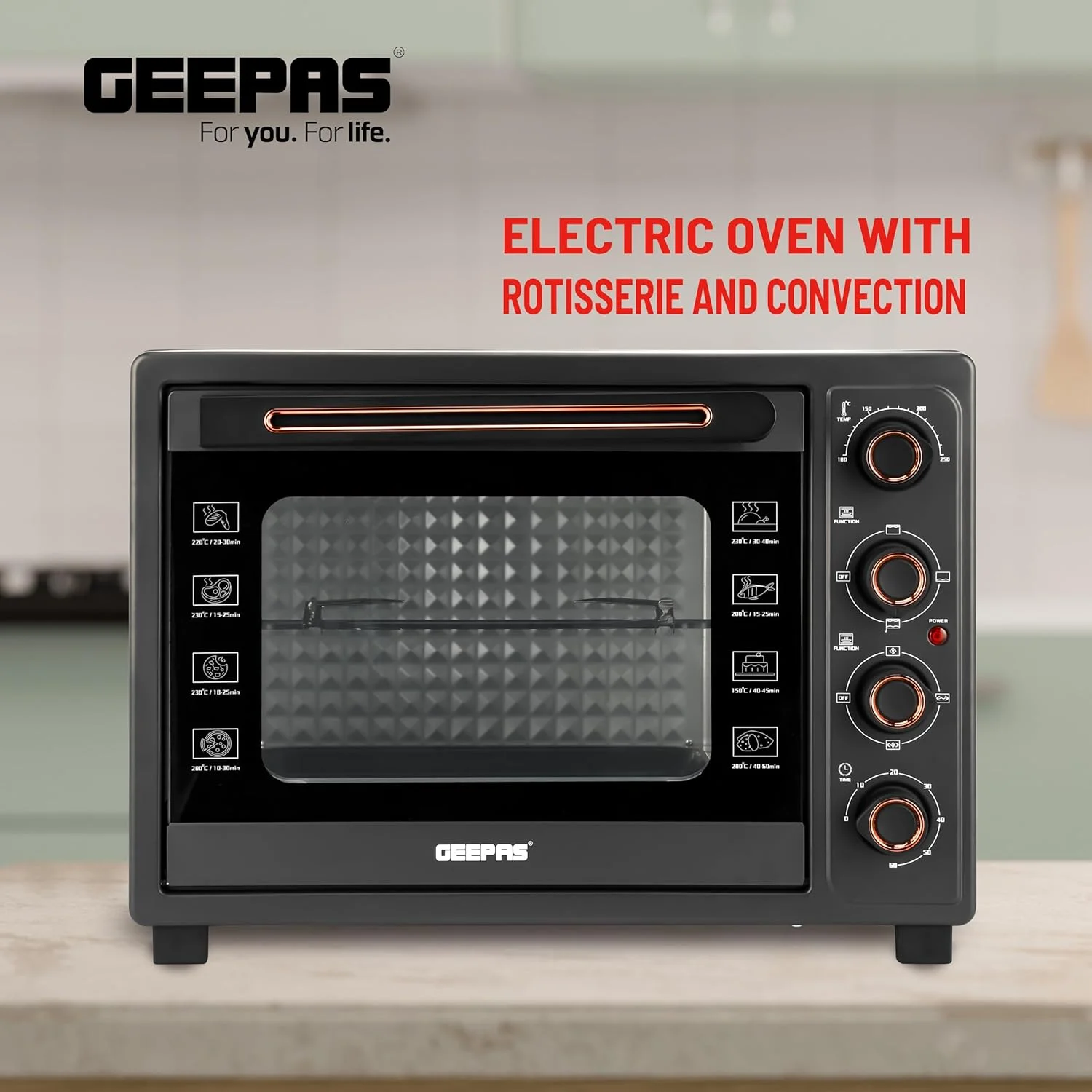 آون توستر برقی 58 لیتری جیپاس مدل GO34060 | 2100 وات، دارای جوجه گردان | استفاده آسان با دکمه های کنترلی، انتخابگر حرارتی 2 حالته، دمای قابل تنظیم | ایده آل برای پخت، برشته کردن، کیک و غیره. آون توستر برقی 58 لیتری جیپاس مدل GO34060 | 2100 وات، دارای جوجه گردان | استفاده آسان با دکمه های کنترلی، انتخابگر حرارتی 2 حالته، دمای قابل تنظیم | ایده آل برای پخت، برشته کردن، کیک و غیره.