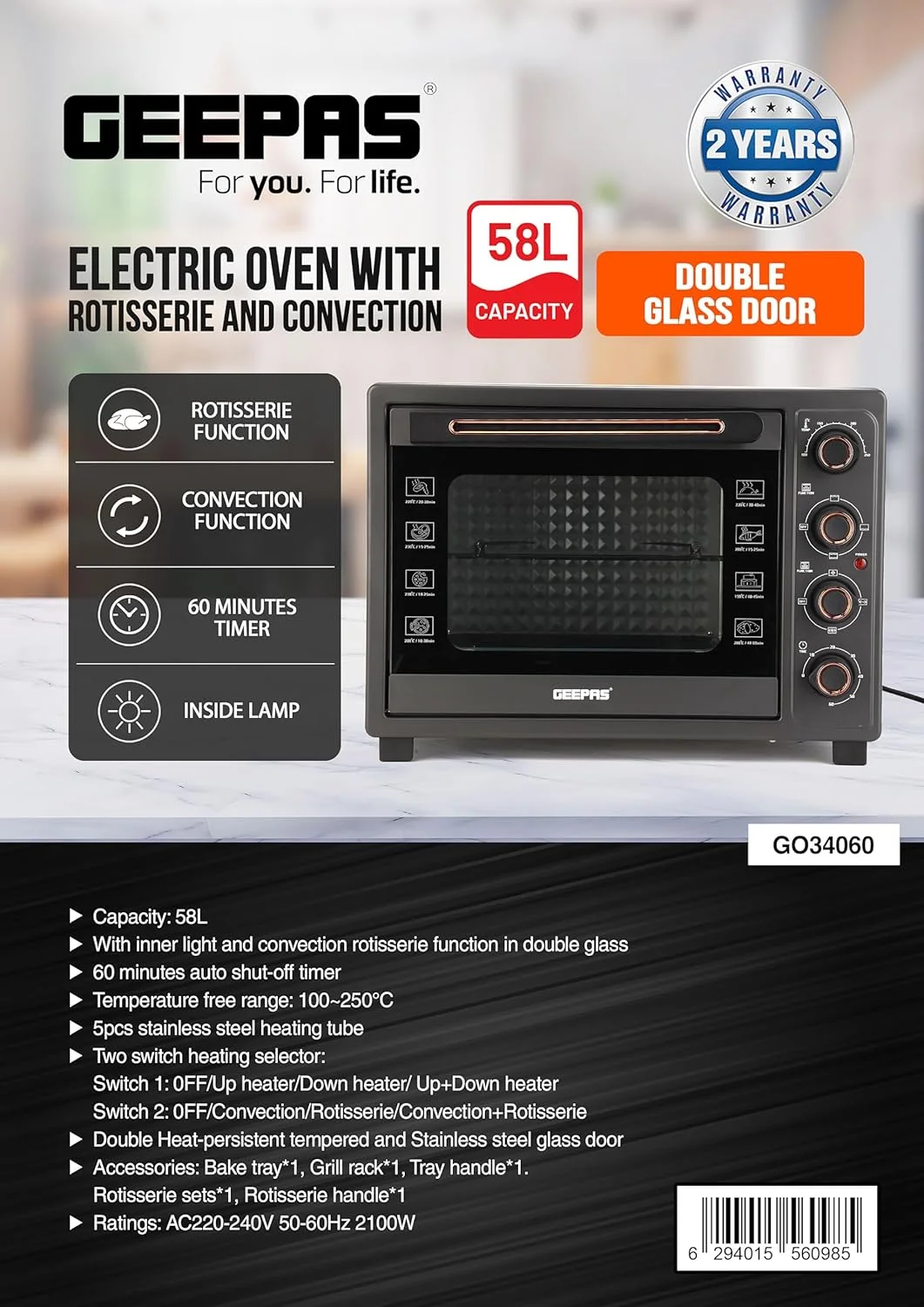 آون توستر برقی 58 لیتری جیپاس مدل GO34060 | 2100 وات، دارای جوجه گردان | استفاده آسان با دکمه های کنترلی، انتخابگر حرارتی 2 حالته، دمای قابل تنظیم | ایده آل برای پخت، برشته کردن، کیک و غیره. آون توستر برقی 58 لیتری جیپاس مدل GO34060 | 2100 وات، دارای جوجه گردان | استفاده آسان با دکمه های کنترلی، انتخابگر حرارتی 2 حالته، دمای قابل تنظیم | ایده آل برای پخت، برشته کردن، کیک و غیره.