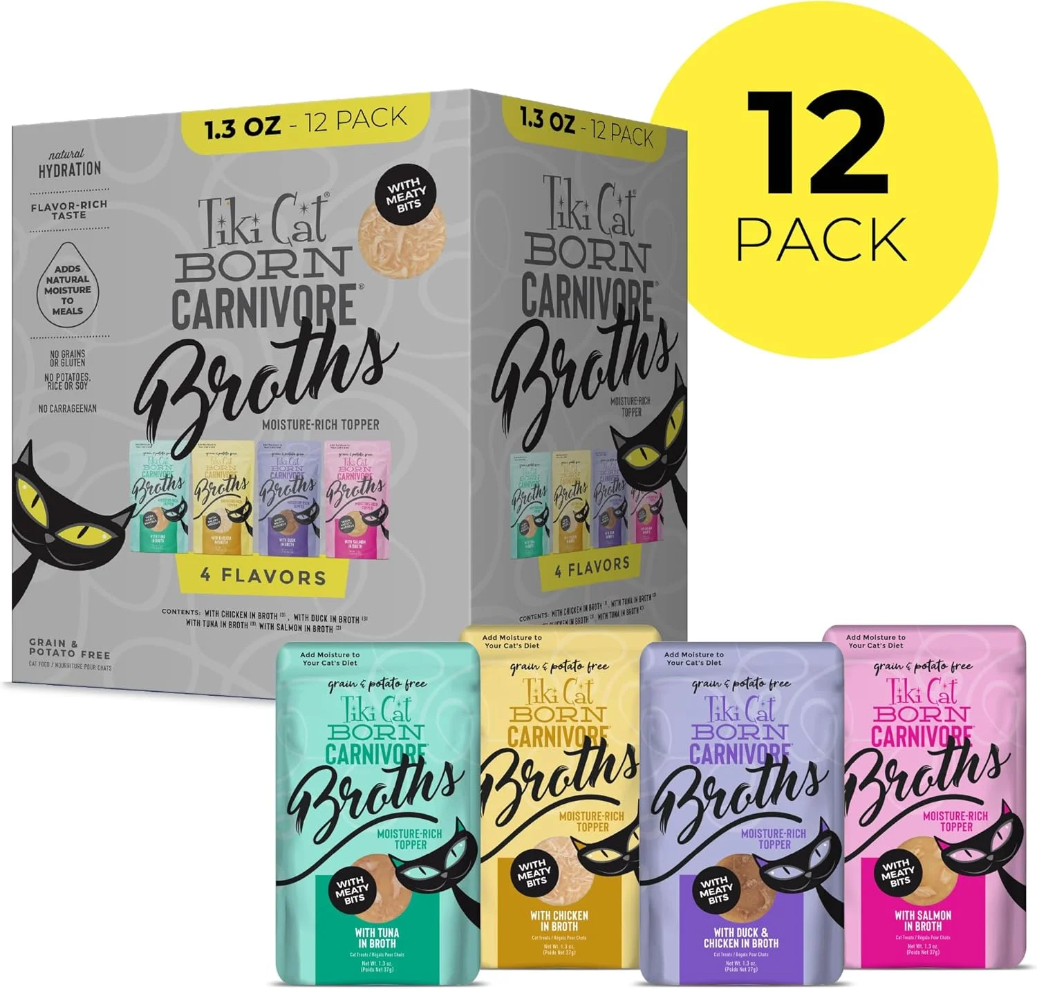 پک متنوع آبگوشت های گوشتی تیکی کت بورن کارنیور، تکه های گوشتی، مکمل آبرسانی و طعم دهنده غذای مرطوب گربه، بسته 12 عددی 37 گرمی پک متنوع آبگوشت های گوشتی تیکی کت بورن کارنیور، تکه های گوشتی، مکمل آبرسانی و طعم دهنده غذای مرطوب گربه، بسته 12 عددی 37 گرمی