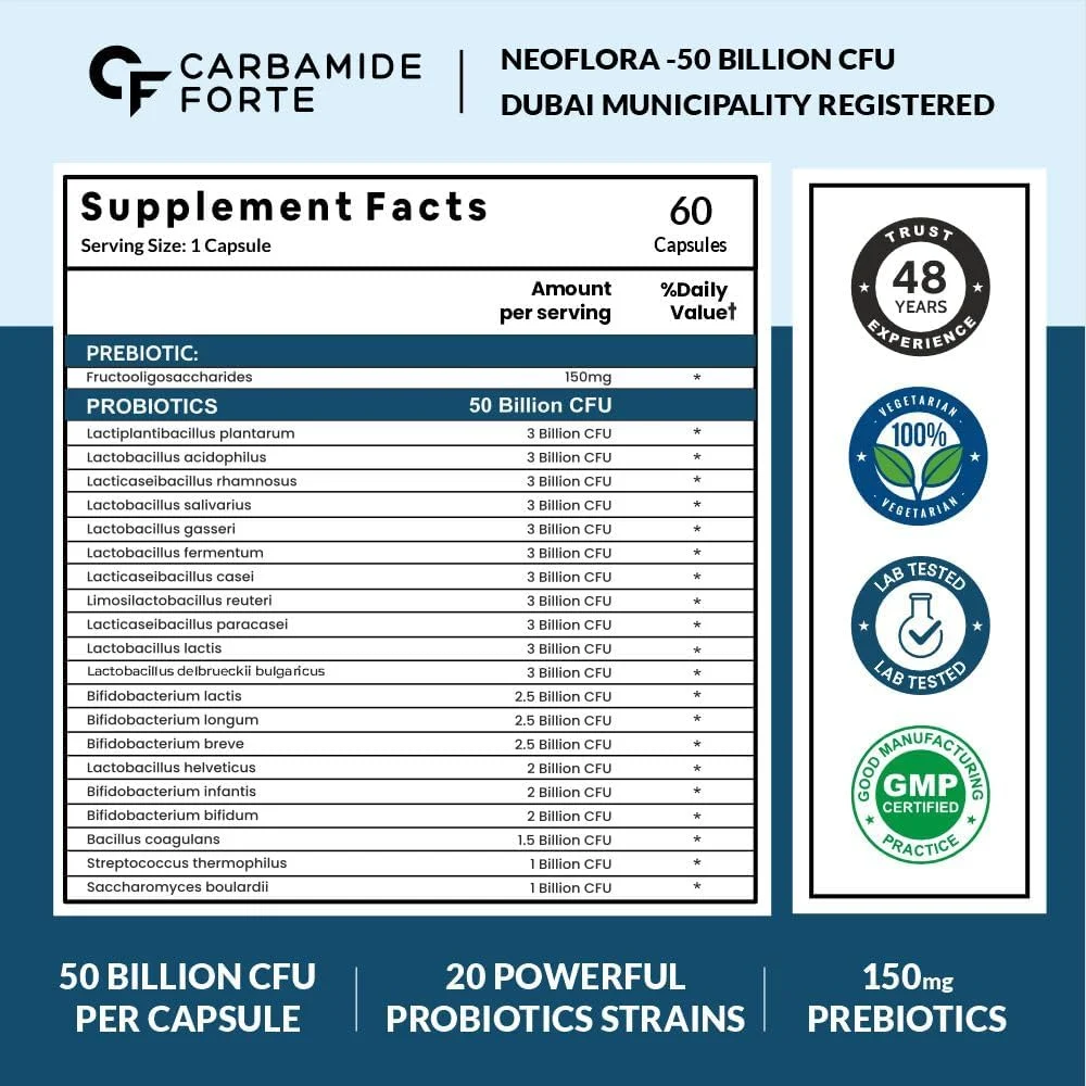 پری و پروبیوتیک کاربامید فورته برای زنان و مردان | پروبیوتیک اسیدوفیلوس 50 میلیارد CFU | مکمل های سلامت روده برای نفخ | 60 کپسول مکمل گوارش پری و پروبیوتیک کاربامید فورته برای زنان و مردان | پروبیوتیک اسیدوفیلوس 50 میلیارد CFU | مکمل های سلامت روده برای نفخ | 60 کپسول مکمل گوارش