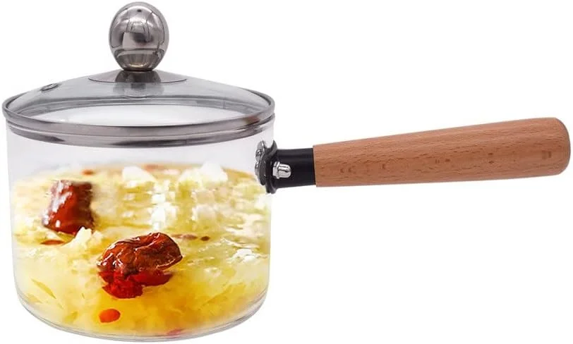 قابلمه کوچک آشپزی، شیرجوش، مکمل غذای کودک با درب، قابلمه شیشه ای عایق دسته بلند خانگی، تک