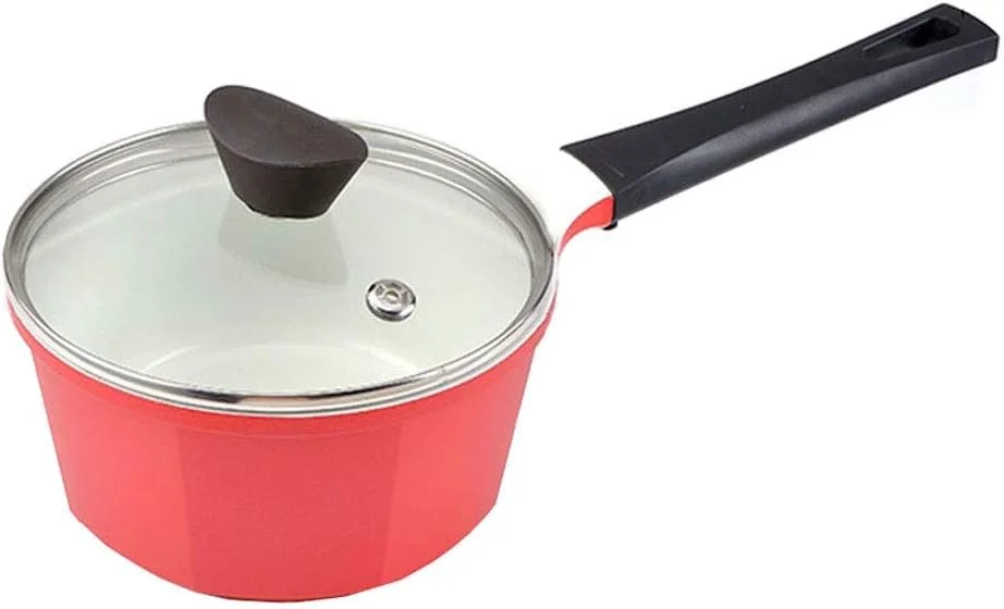 ظرف شیرجوش سرامیکی نچسب، قابلمه کوچک برای گرم کردن شیر و پخت و پز، مناسب برای تهیه غذای کودک، دارای درب و دسته، 2 لیتر، قابلمه قرمز