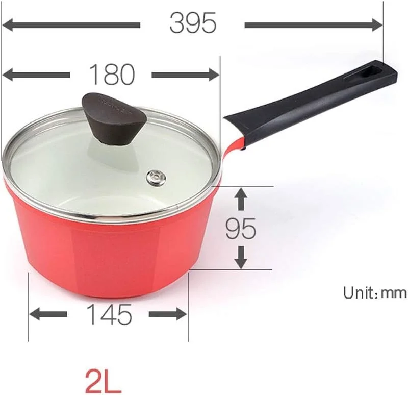 ظرف شیرجوش سرامیکی نچسب، قابلمه کوچک برای گرم کردن شیر و پخت و پز، مناسب برای تهیه غذای کودک، دارای درب و دسته، 2 لیتر، قابلمه قرمز