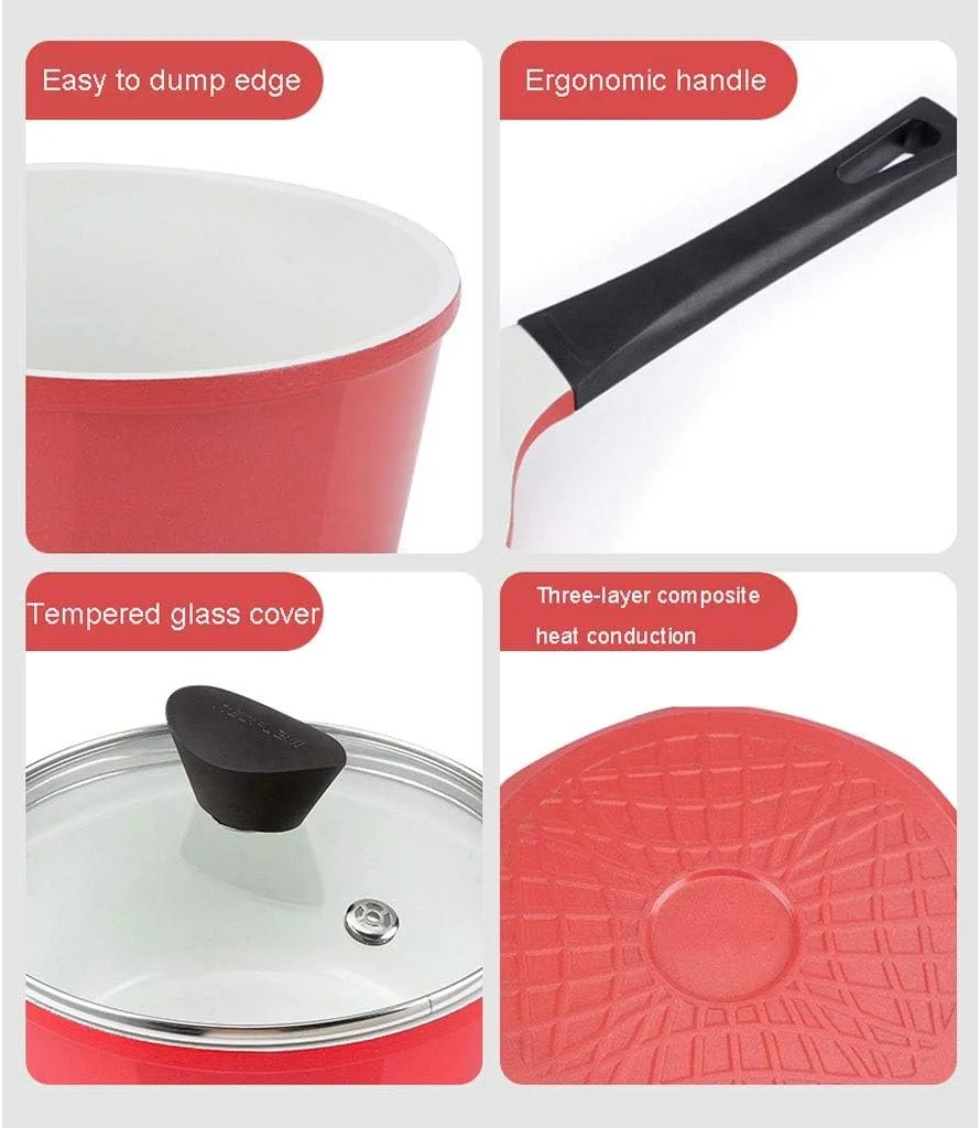 ظرف شیرجوش سرامیکی نچسب، قابلمه کوچک برای گرم کردن شیر و پخت و پز، مناسب برای تهیه غذای کودک، دارای درب و دسته، 2 لیتر، قابلمه قرمز