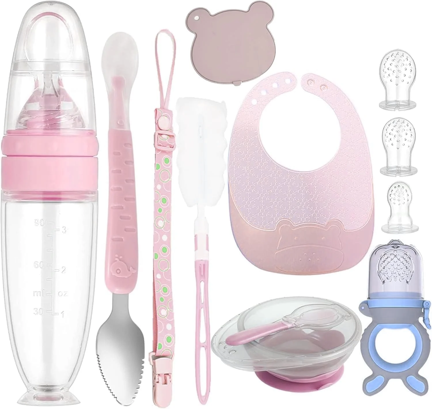 ست 12 تکه غذادهی کودک، شامل فیدر میوه، پستانک سیلیکونی در اندازه های مختلف، قالب بستنی یخی، قاشق غذاخوری کودک، پیش بند، کاسه و قاشق مکمل غذای کودک (صورتی) ست 12 تکه غذادهی کودک، شامل فیدر میوه، پستانک سیلیکونی در اندازه های مختلف، قالب بستنی یخی، قاشق غذاخوری کودک، پیش بند، کاسه و قاشق مکمل غذای کودک (صورتی)