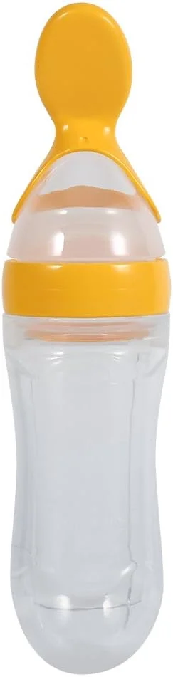 شیشه شیر کودک با قاشق سیلیکونی، بطری مکمل غذای کودک، شیشه شیر سیلیکونی کودک 90 میلی لیتر (زرد)