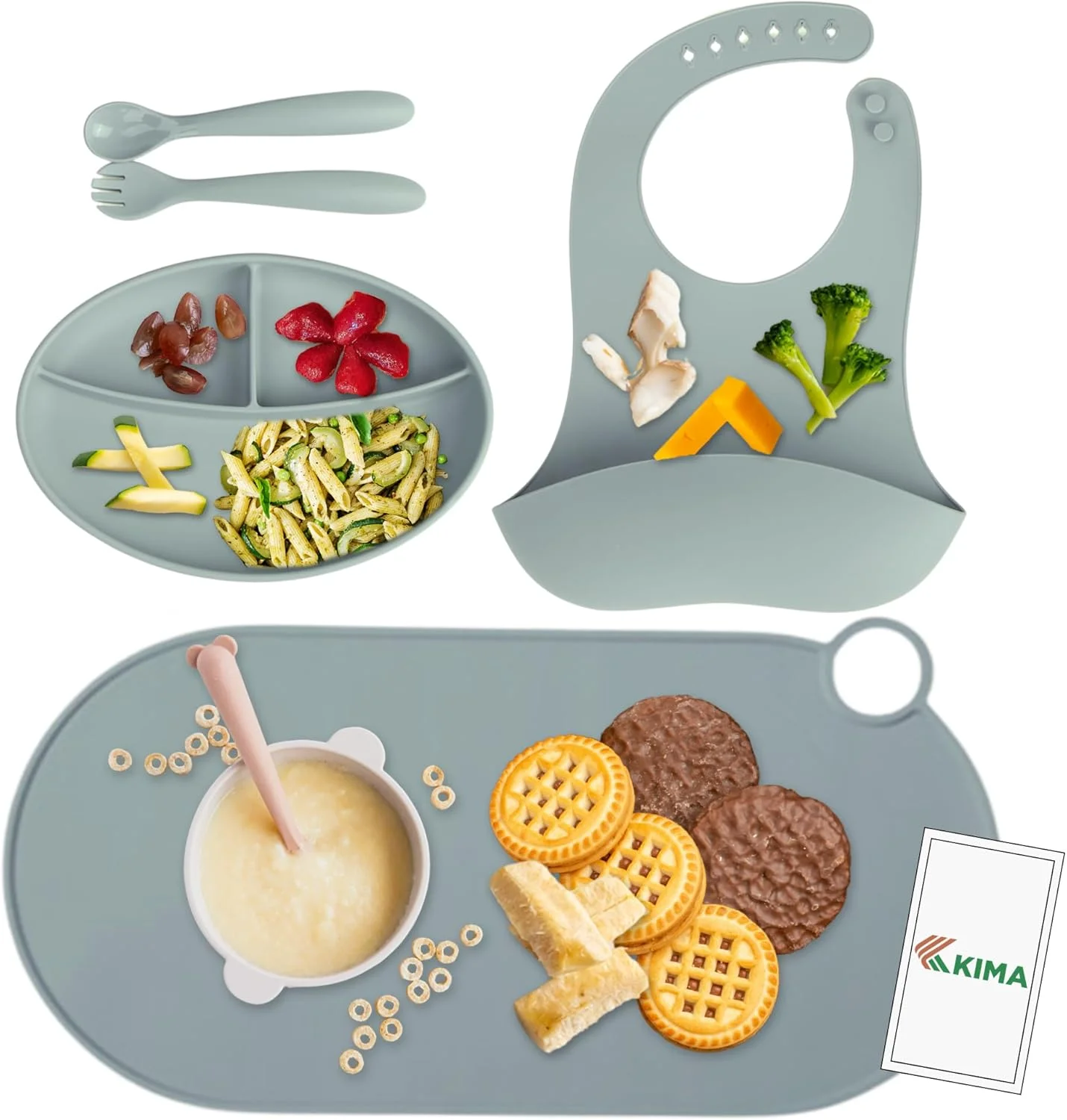 ست غذاخوری سیلیکونی KIMA با زیرانداز - بشقاب بدون BPA، ست کارد و چنگال و زیرانداز سیلیکونی، دارای گواهی FDA - ایده آل برای تغذیه نوزاد، کودک نوپا و هدیه نوزاد تازه متولد شده - آبی تیره ست غذاخوری سیلیکونی KIMA با زیرانداز - بشقاب بدون BPA، ست کارد و چنگال و زیرانداز سیلیکونی، دارای گواهی FDA - ایده آل برای تغذیه نوزاد، کودک نوپا و هدیه نوزاد تازه متولد شده - آبی تیره