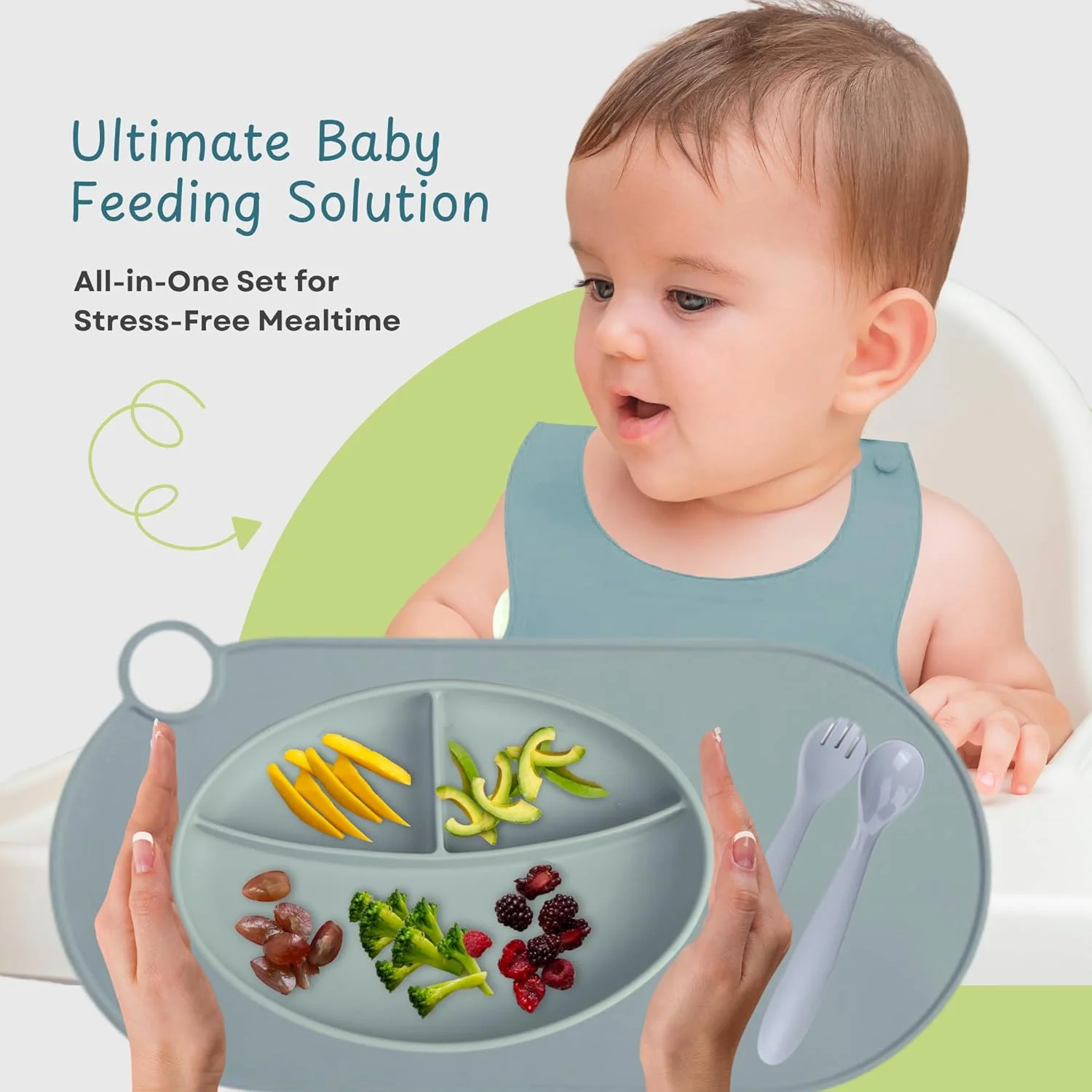 ست غذاخوری سیلیکونی KIMA با زیرانداز - بشقاب بدون BPA، ست کارد و چنگال و زیرانداز سیلیکونی، دارای گواهی FDA - ایده آل برای تغذیه نوزاد، کودک نوپا و هدیه نوزاد تازه متولد شده - آبی تیره