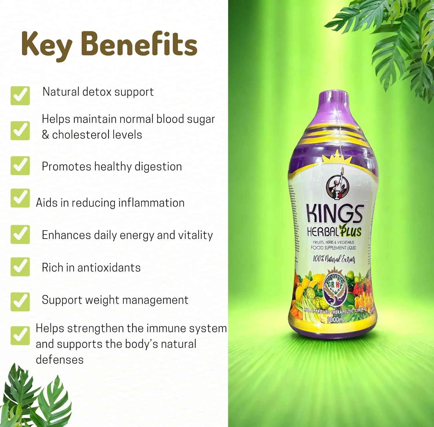 مکمل غذایی گیاهی کینگز پلاس 1000 میلی لیتر، ترکیبی از میوه ها، گیاهان و سبزیجات (2 بطری)