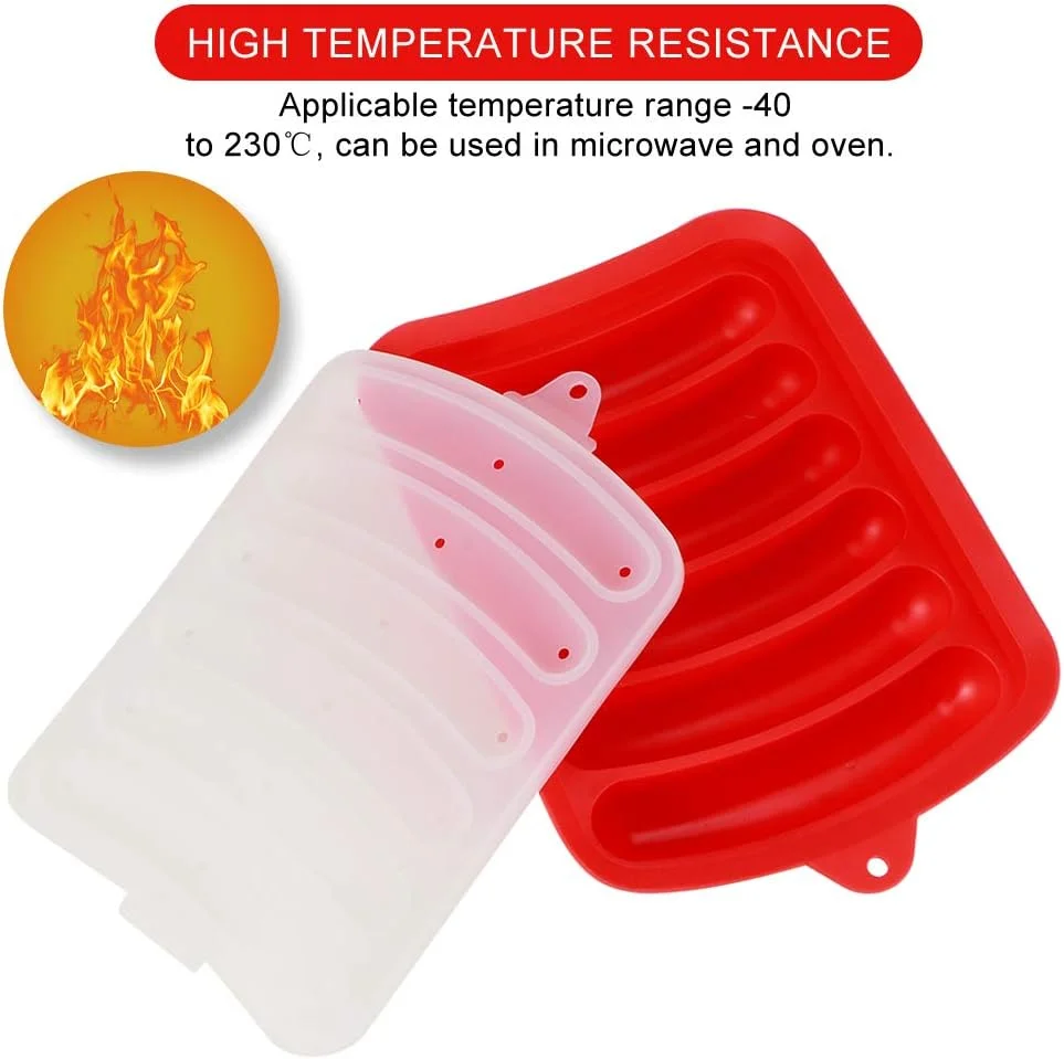 قالب سوسیس سیلیکونی، 3 عدد قالب سیلیکونی هات داگ، قالب ساخت ژامبون خانگی، ابزار پخت مکمل غذای کودک، سینی سوسیس 6 حفره (قرمز)