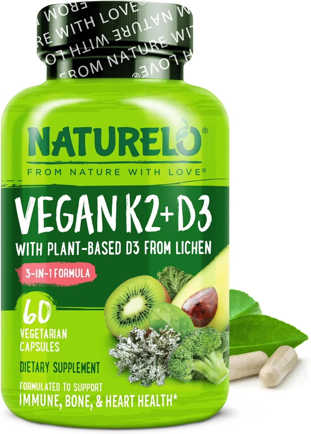 NATURELO K2+D3 گیاهی - D3 گیاهی از گلسنگ - مکمل طبیعی D3 برای سیستم ایمنی، پشتیبانی از استخوان، سلامت مفاصل - غذای کامل - گیاهی - غیر GMO - بدون گلوتن - 60 کپسول NATURELO K2+D3 گیاهی - D3 گیاهی از گلسنگ - مکمل طبیعی D3 برای سیستم ایمنی، پشتیبانی از استخوان، سلامت مفاصل - غذای کامل - گیاهی - غیر GMO - بدون گلوتن - 60 کپسول