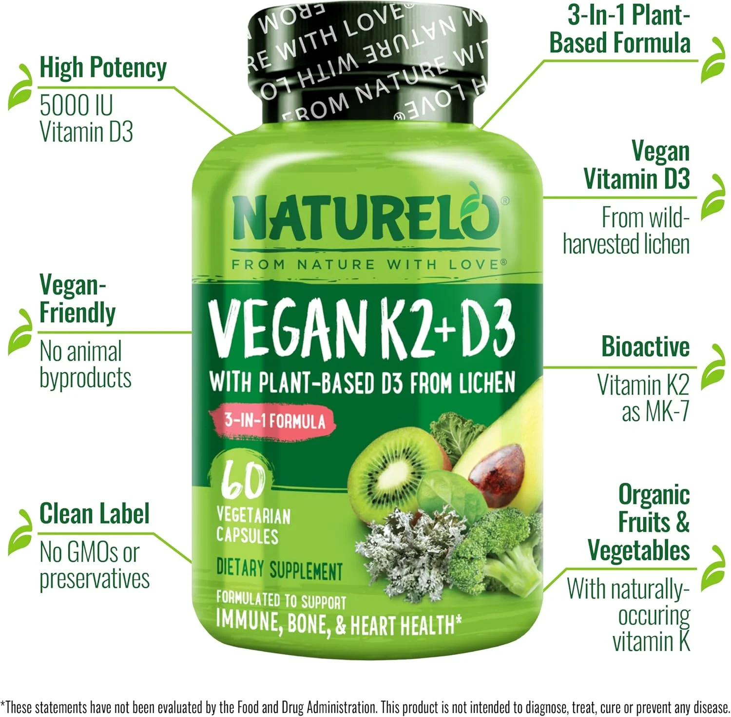 NATURELO K2+D3 گیاهی - D3 گیاهی از گلسنگ - مکمل طبیعی D3 برای سیستم ایمنی، پشتیبانی از استخوان، سلامت مفاصل - غذای کامل - گیاهی - غیر GMO - بدون گلوتن - 60 کپسول NATURELO K2+D3 گیاهی - D3 گیاهی از گلسنگ - مکمل طبیعی D3 برای سیستم ایمنی، پشتیبانی از استخوان، سلامت مفاصل - غذای کامل - گیاهی - غیر GMO - بدون گلوتن - 60 کپسول