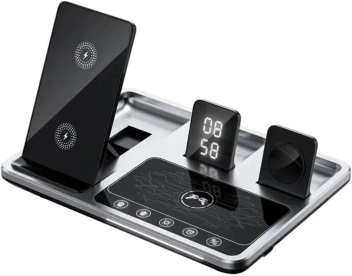 استند شارژ چند دستگاهی با شارژ سریع بیسیم Qi برای تلفنها، تبلتها و ایرپادز استند شارژ چند دستگاهی با شارژ سریع بیسیم Qi برای تلفنها، تبلتها و ایرپادز