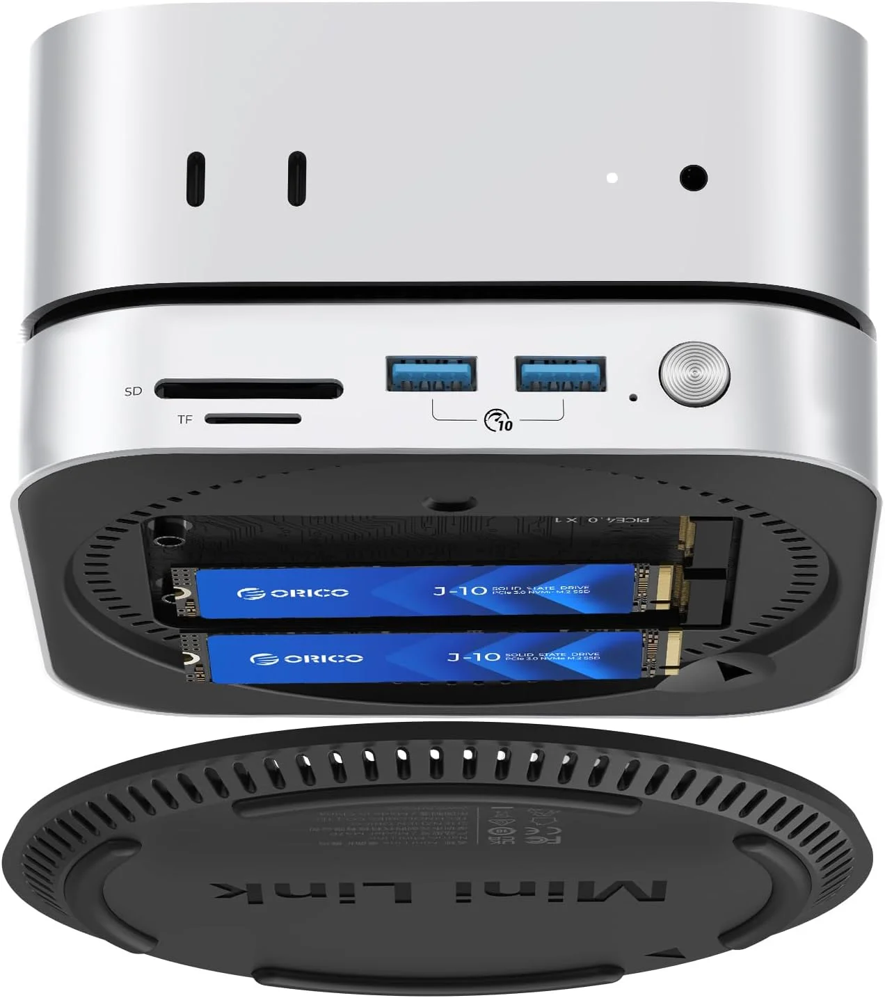 داک مینی ORICO MiniLink 40Gbps Mac mini M4، ایستگاه اتصال آلومینیومی USB4 با دو اسلات NVMe M.2 SSD، پورت های USB-A 10Gbps، کارت خوان های SD/TF 4.0 برای Mac mini M4/M4 Pro داک مینی ORICO MiniLink 40Gbps Mac mini M4، ایستگاه اتصال آلومینیومی USB4 با دو اسلات NVMe M.2 SSD، پورت های USB-A 10Gbps، کارت خوان های SD/TF 4.0 برای Mac mini M4/M4 Pro