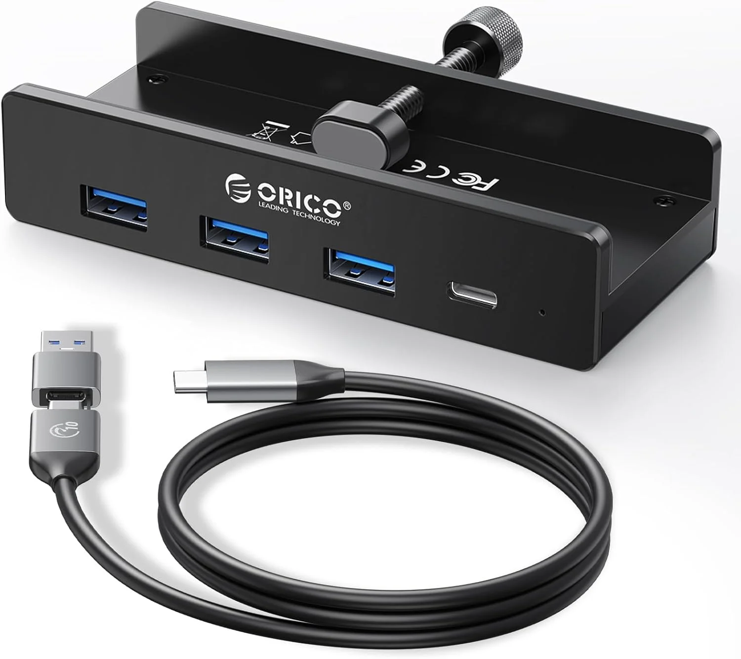 هاب USB 3.0 اوریکو، هاب گیره ای USB با پورت منبع تغذیه اضافی، آلومینیومی 4 پورت USB با 3 پورت داده USB-A، پورت USB-C برای مانیتور و میز