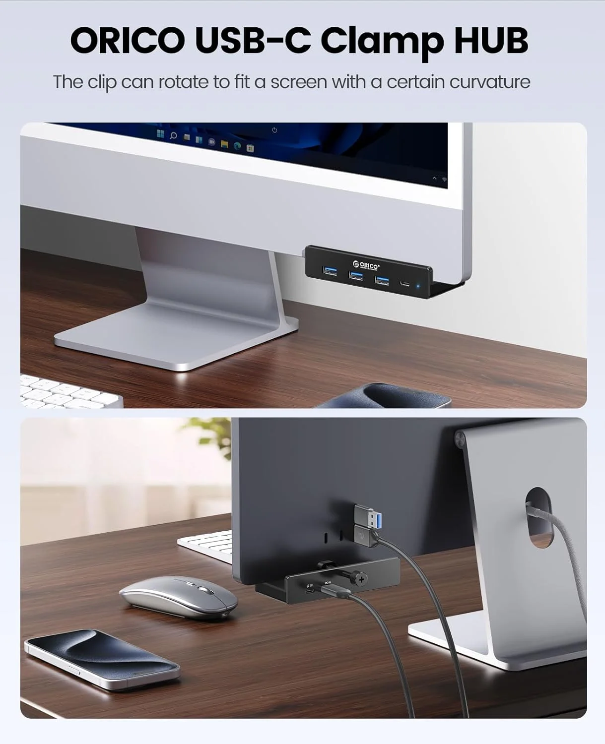 هاب USB 3.0 اوریکو، هاب گیره ای USB با پورت منبع تغذیه اضافی، آلومینیومی 4 پورت USB با 3 پورت داده USB-A، پورت USB-C برای مانیتور و میز