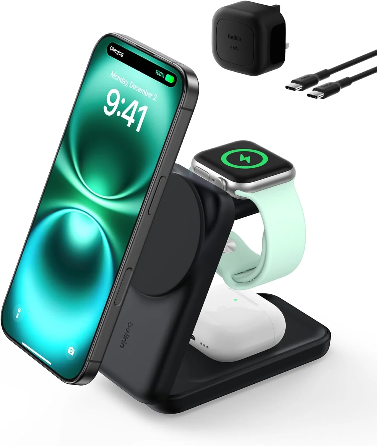 شارژر بی سیم مغناطیسی 25 واتی Belkin UltraCharge، شارژر سریع سازگار با MagSafe دارای گواهی Qi2.2، ایستگاه شارژ 3 در 1 برای آیفون، ایرپاد، اپل واچ، Pixelsnap با آداپتور 45 واتی - مشکی شارژر بی سیم مغناطیسی 25 واتی Belkin UltraCharge، شارژر سریع سازگار با MagSafe دارای گواهی Qi2.2، ایستگاه شارژ 3 در 1 برای آیفون، ایرپاد، اپل واچ، Pixelsnap با آداپتور 45 واتی - مشکی