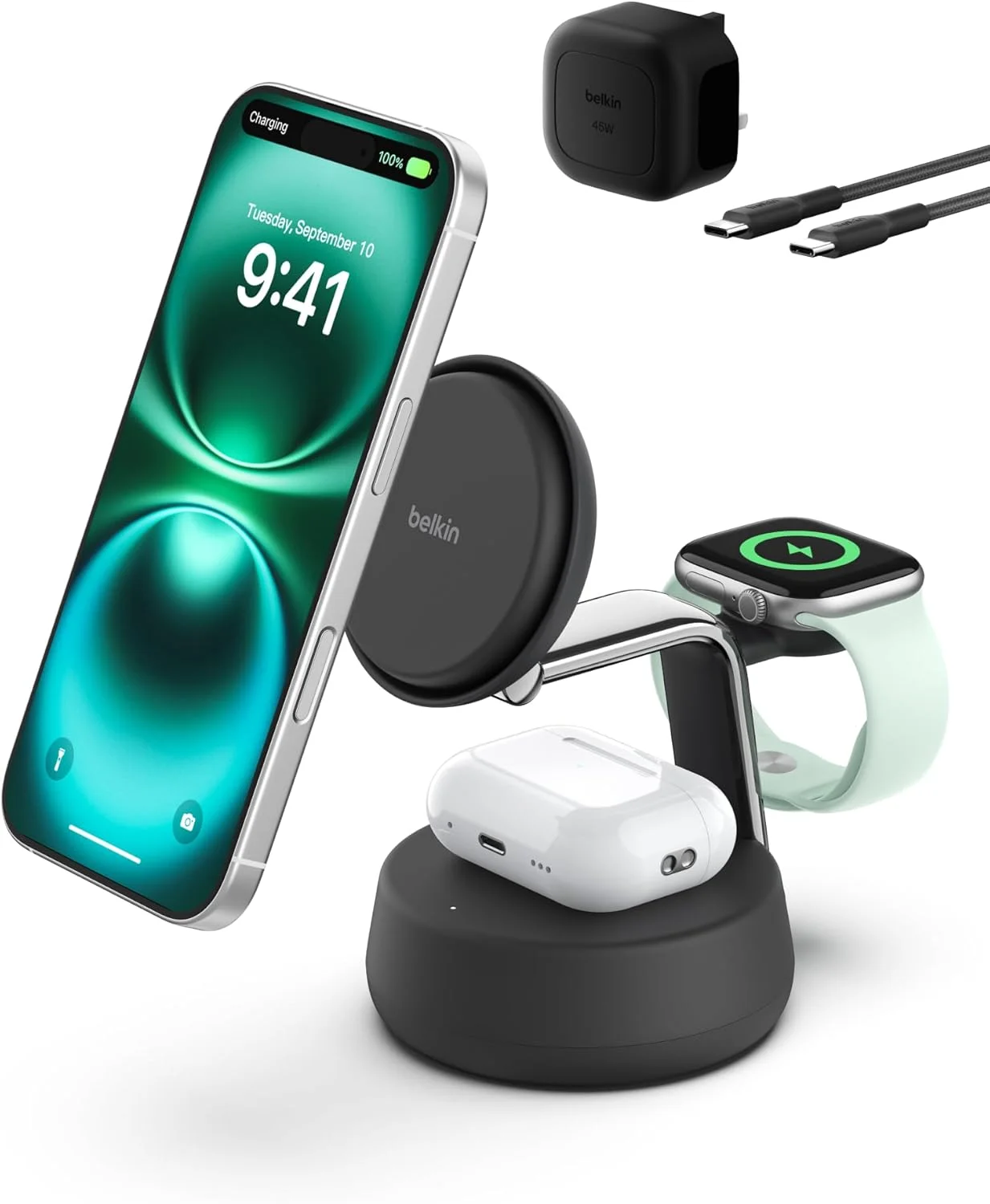 استند شارژ بیسیم 25 واتی Belkin UltraCharge Pro، شارژر سازگار با MagSafe دارای گواهینامه Qi2.2 برای آیفون 17، ایر، اپل واچ، ایرپادز، Pixelsnap، همراه با فن خنککننده و آداپتور 45 واتی - مشکی استند شارژ بیسیم 25 واتی Belkin UltraCharge Pro، شارژر سازگار با MagSafe دارای گواهینامه Qi2.2 برای آیفون 17، ایر، اپل واچ، ایرپادز، Pixelsnap، همراه با فن خنککننده و آداپتور 45 واتی - مشکی