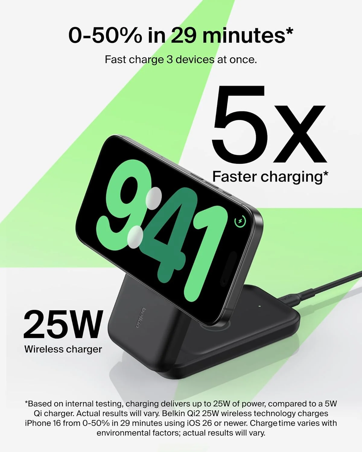 شارژر بی سیم مغناطیسی 25 واتی Belkin UltraCharge، شارژر سریع سازگار با MagSafe دارای گواهی Qi2.2، ایستگاه شارژ 3 در 1 برای آیفون، ایرپاد، اپل واچ، Pixelsnap با آداپتور 45 واتی - مشکی