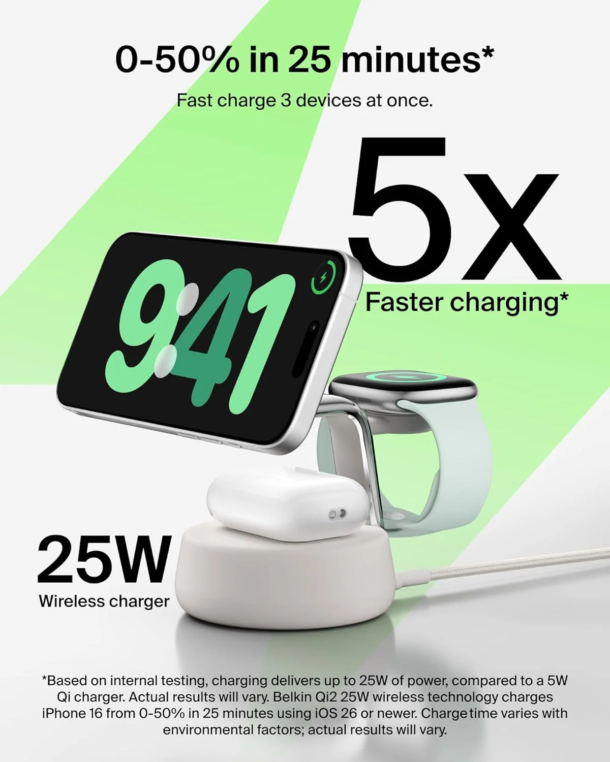 ایستگاه شارژ بی سیم Belkin UltraCharge Pro 25W، شارژر سازگار با MagSafe دارای گواهینامه Qi2.2، 3 در 1 برای آیفون، ایر، اپل واچ، ایرپاد، Pixelsnap، با فن خنک کننده، آداپتور 45 واتی - رنگ ماسه ای