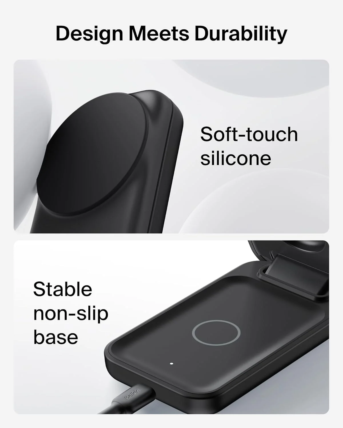 شارژر بی سیم مغناطیسی 25 واتی Belkin UltraCharge، شارژر سریع سازگار با MagSafe دارای گواهی Qi2.2، ایستگاه شارژ 3 در 1 برای آیفون، ایرپاد، اپل واچ، Pixelsnap با آداپتور 45 واتی - مشکی