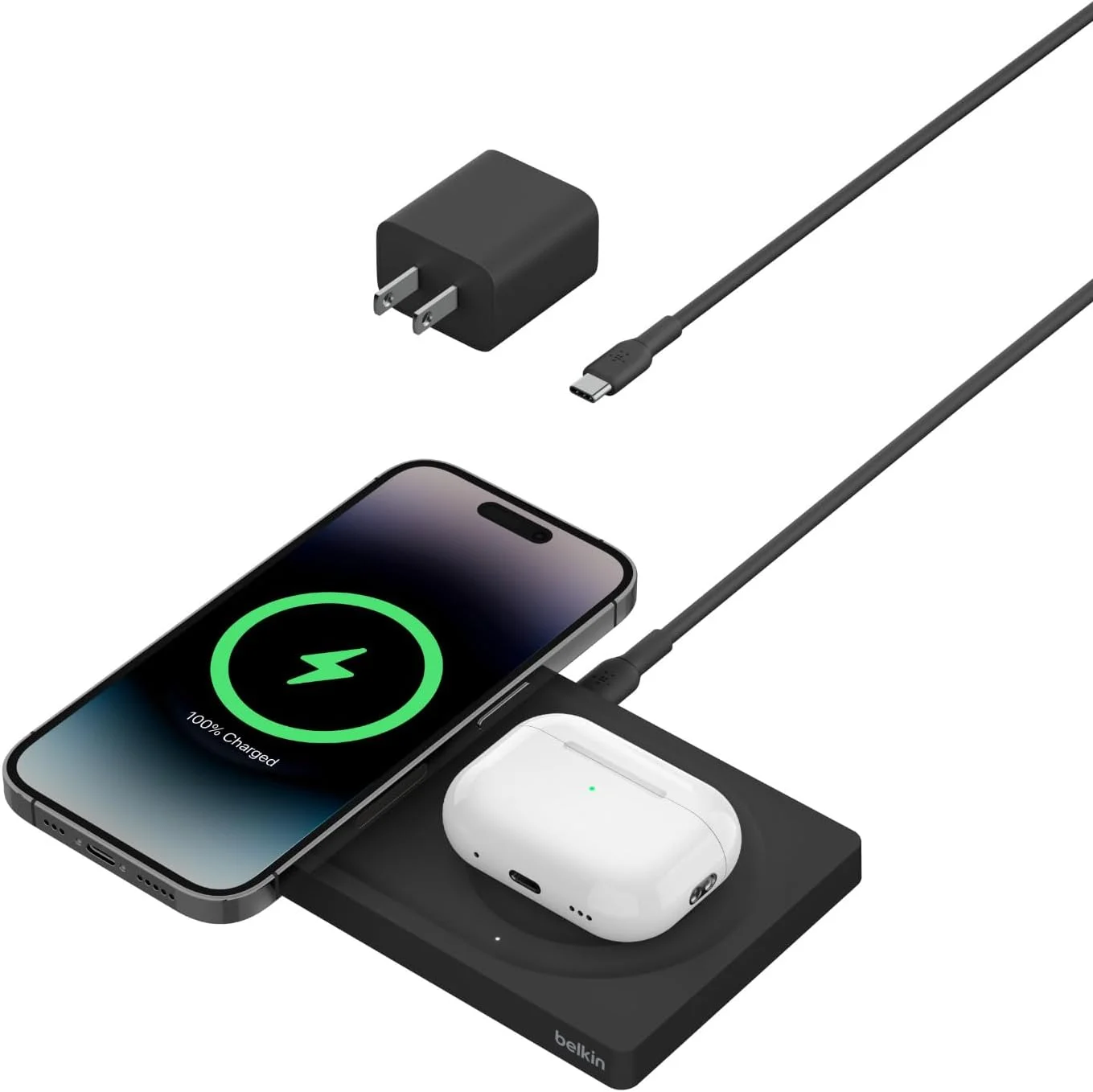 پد شارژ بیسیم 2 در 1 Belkin BoostCharge Pro با MagSafe 15W، شارژر سریع آیفون سازگار با سری iPhone 15، 14، 13 و 12، ایرپادز و سایر دستگاههای دارای MagSafe - مشکی پد شارژ بیسیم 2 در 1 Belkin BoostCharge Pro با MagSafe 15W، شارژر سریع آیفون سازگار با سری iPhone 15، 14، 13 و 12، ایرپادز و سایر دستگاههای دارای MagSafe - مشکی