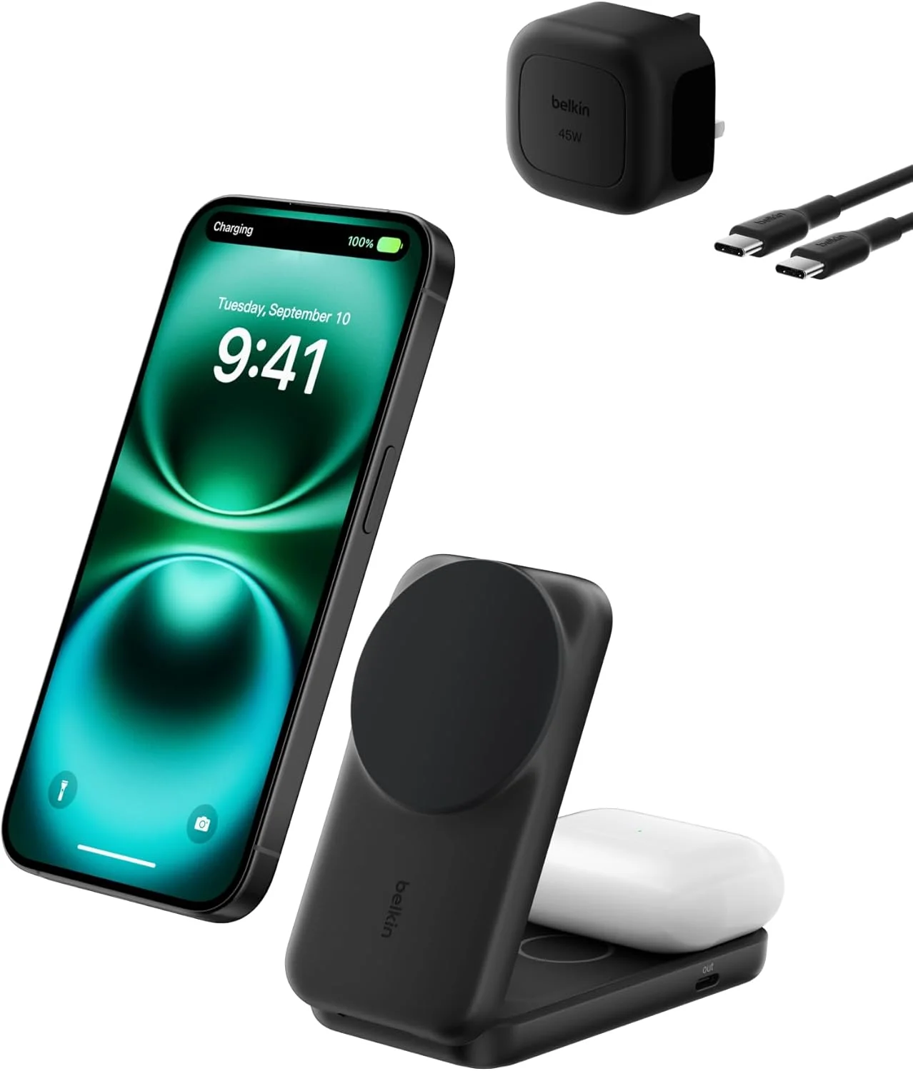 شارژر بی سیم 2 در 1 بلکین UltraCharge 25W، دارای گواهی Qi2.2 سازگار با MagSafe، ایستگاه شارژ برای آیفون 17، ایر، ایرپادز، Pixelsnap، پایه مغناطیسی با پورت USB-C، آداپتور 45W - مشکی شارژر بی سیم 2 در 1 بلکین UltraCharge 25W، دارای گواهی Qi2.2 سازگار با MagSafe، ایستگاه شارژ برای آیفون 17، ایر، ایرپادز، Pixelsnap، پایه مغناطیسی با پورت USB-C، آداپتور 45W - مشکی