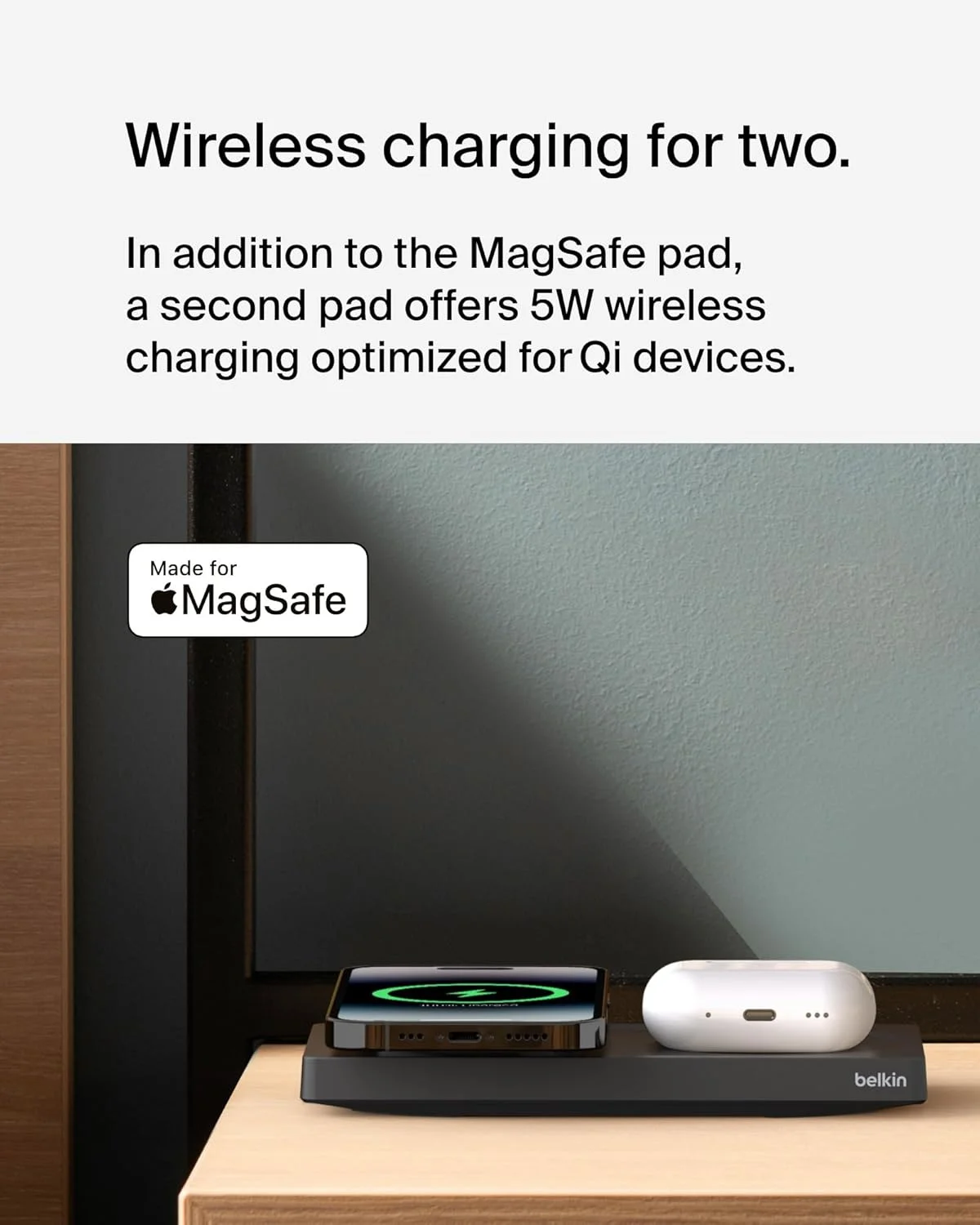 پد شارژ بیسیم 2 در 1 Belkin BoostCharge Pro با MagSafe 15W، شارژر سریع آیفون سازگار با سری iPhone 15، 14، 13 و 12، ایرپادز و سایر دستگاههای دارای MagSafe - مشکی پد شارژ بیسیم 2 در 1 Belkin BoostCharge Pro با MagSafe 15W، شارژر سریع آیفون سازگار با سری iPhone 15، 14، 13 و 12، ایرپادز و سایر دستگاههای دارای MagSafe - مشکی
