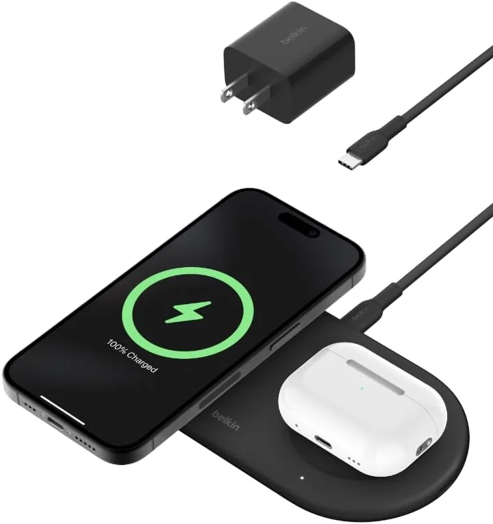 پد شارژ بی‌سیم 2 در 1 Belkin BoostCharge Pro سازگار با MagSafe با Qi2 15W + پورت USB-C اضافی، شارژر سریع برای سری iPhone 13، AirPods و موارد دیگر - مشکی