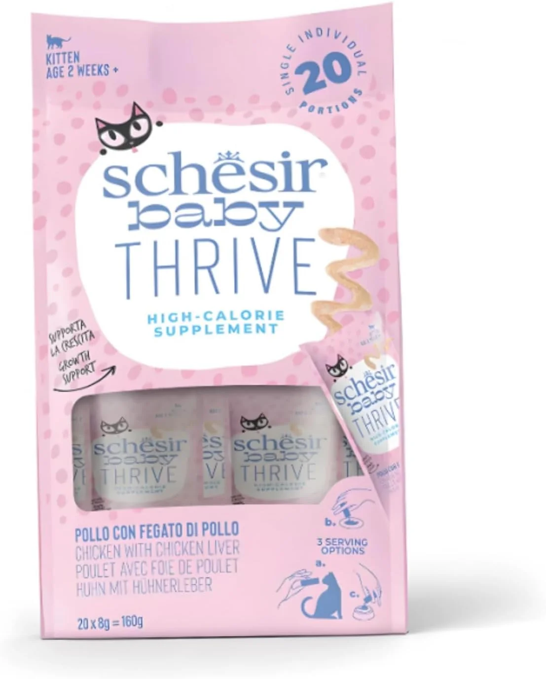 موس بچه گربه با طعم مرغ Schesir Baby Thrive، 20 بسته 8 گرمی