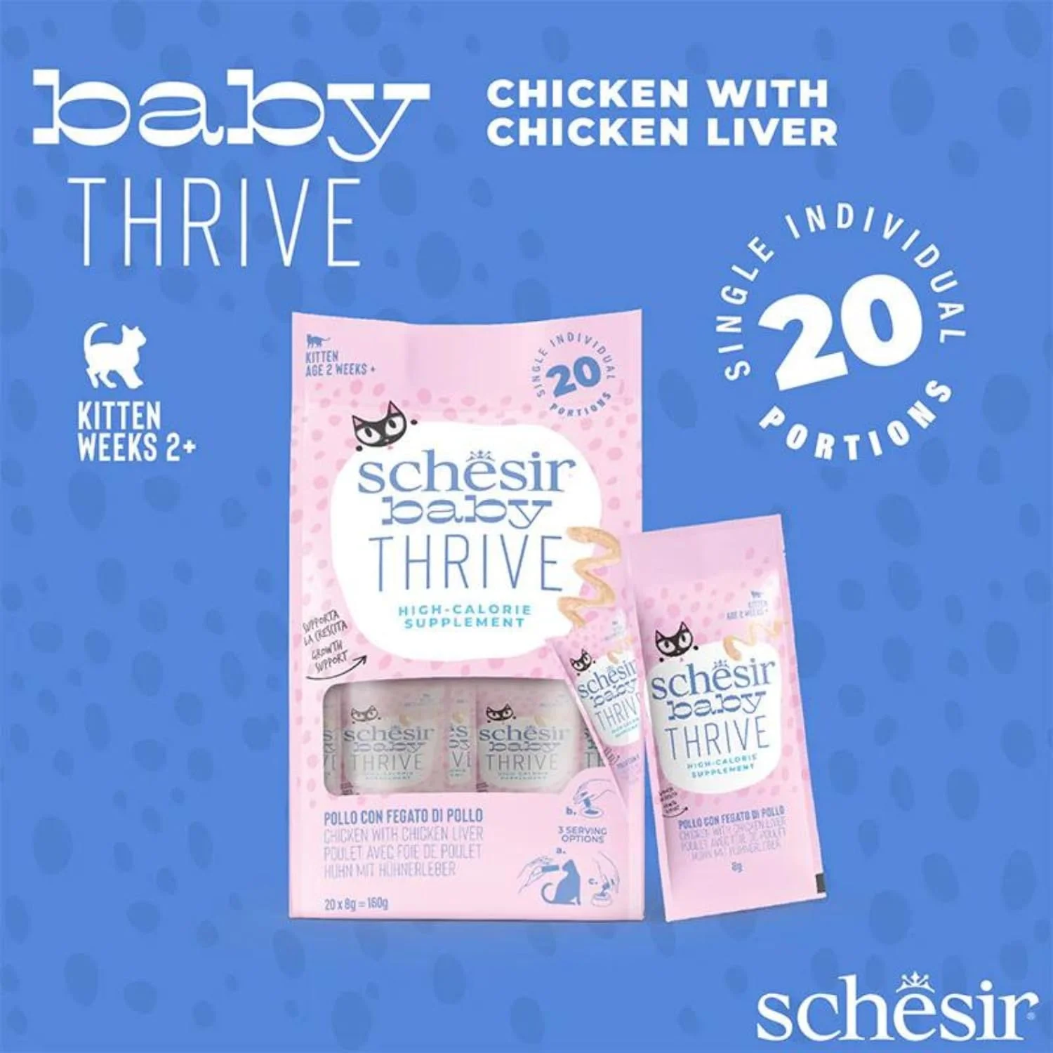 موس بچه گربه با طعم مرغ Schesir Baby Thrive، 20 بسته 8 گرمی