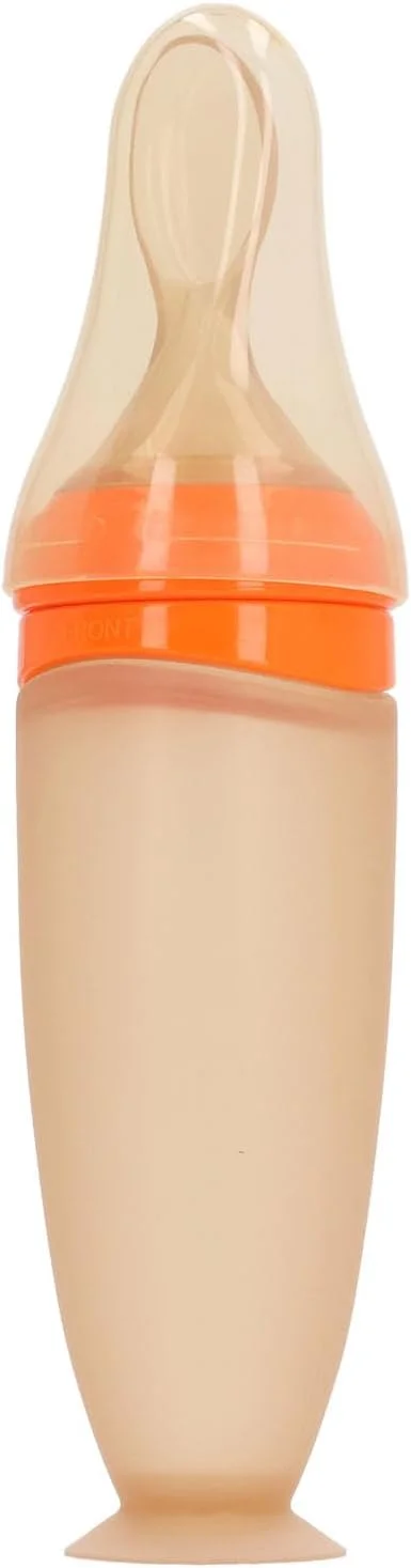 قاشق غذای کودک با درپوش ضد گرد و غبار، قاشق مکمل سیلیکونی نرم، ابزار تغذیه غلات فشاری، قاشق پخش کننده غذای کودک، بطری مکمل، (نارنجی)