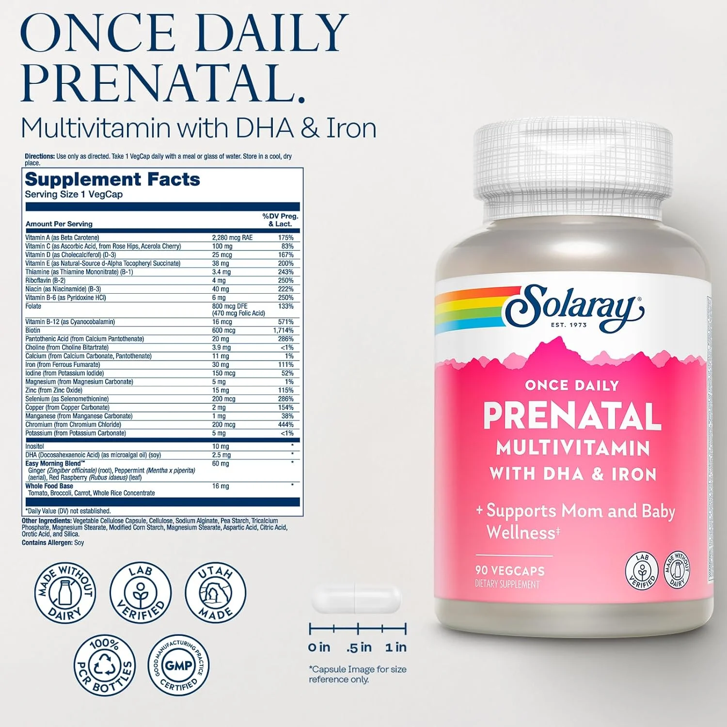 مولتی ویتامین یک بار در روز دوران بارداری سولارای با آهن و DHA | ترکیب گیاهی برای رفع تهوع صبحگاهی و پایه غذایی کامل | 90 عدد