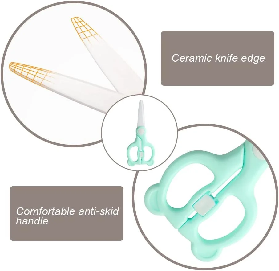 قیچی غذای کودک Yeenelwboo، قیچی سرامیکی مکمل غذای کودک با روکش محافظ و کیف مسافرتی برای نودل، گوشت، مرغ، سبزیجات و میوه ها