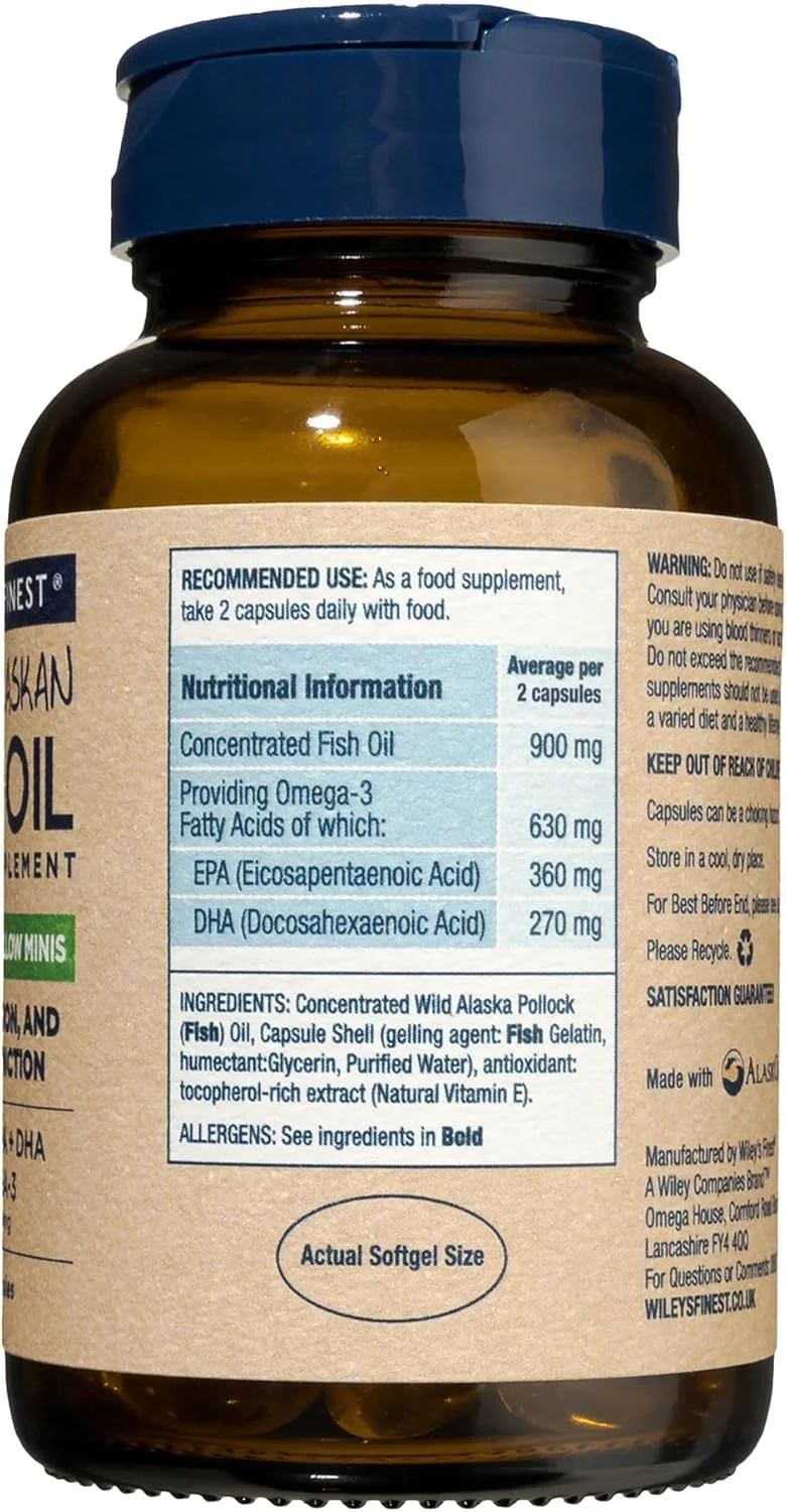 مکمل غذایی روغن ماهی آلاسکا وایلی فاینست، امگا 3، 630 میلی گرم EPA + DHA، کپسول های کوچک با بلع آسان، 60 عدد