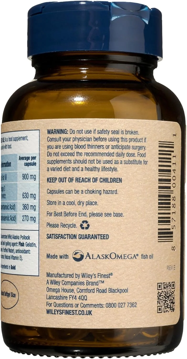 مکمل غذایی روغن ماهی آلاسکا وایلی فاینست، امگا 3، 630 میلی گرم EPA + DHA، کپسول های کوچک با بلع آسان، 60 عدد