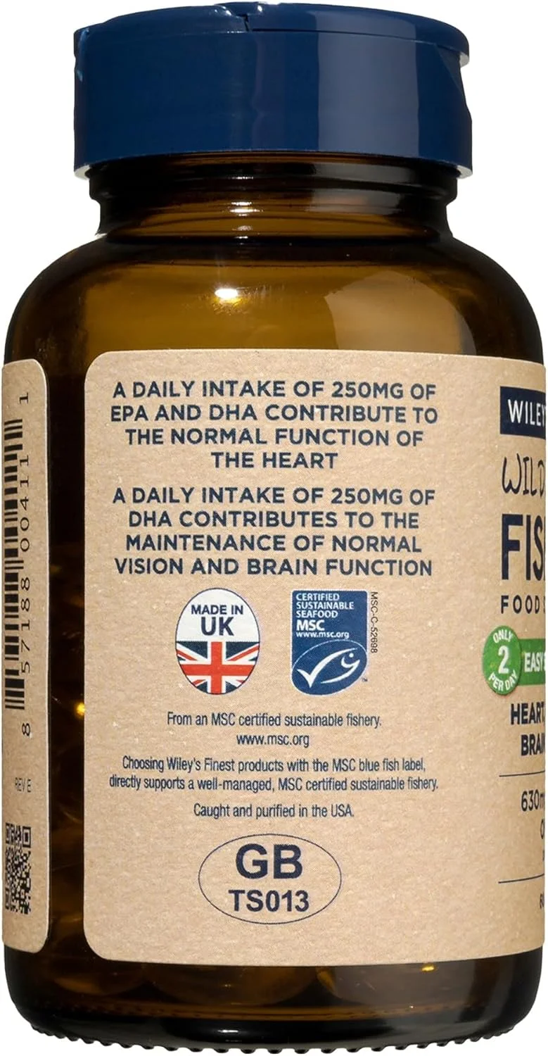 مکمل غذایی روغن ماهی آلاسکا وایلی فاینست، امگا 3، 630 میلی گرم EPA + DHA، کپسول های کوچک با بلع آسان، 60 عدد