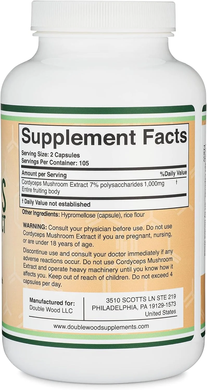 کپسول های قارچ کوردیسپس دابل وود (عصاره قارچ کوردیسپس سیننسیس) 210 عدد، تامین 3.5 ماهه، 1000 میلی گرم (7% پلی ساکارید با آلفا و بتا گلوکان) پشتیبانی کلی و افزایش سن