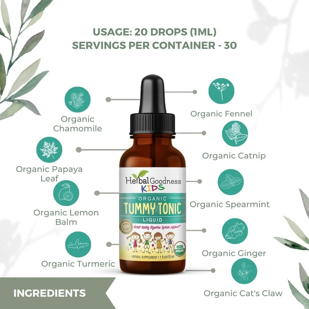 عصاره مایع تقویت کننده معده کودکان - 100% ارگانیک - مکمل حمایت از هضم برای کودکان - قطره برای هضم - سلامت روده - فاقد گلوتن - وگان - 30 میلی لیتر - Herbal Goodness