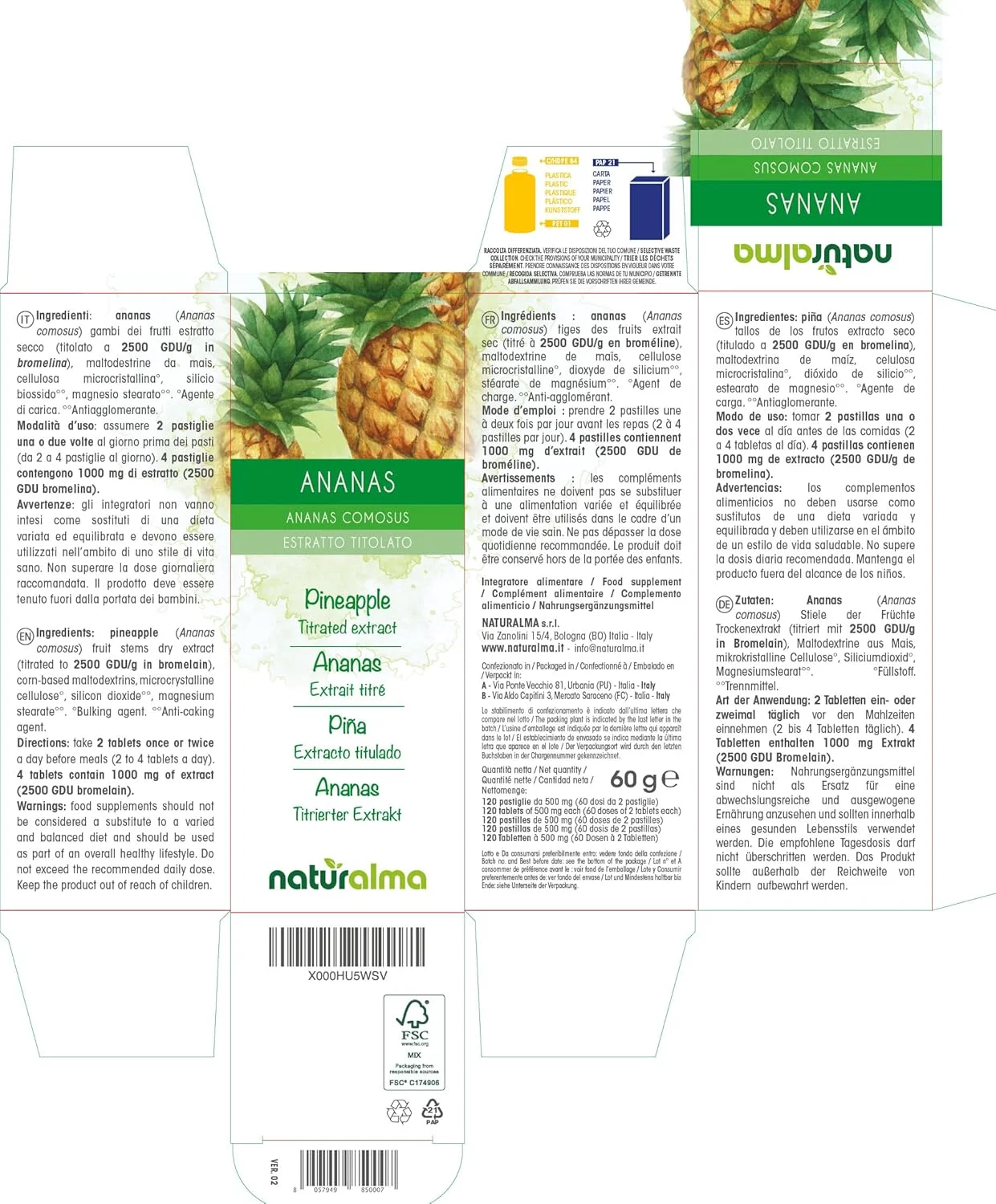 ناتورالما آناناس (Ananas comosus) | 2500 GDU/g بروملین | 120 قرص 500 میلی گرمی | مکمل غذایی با عصاره تغلیظ شده | وگان