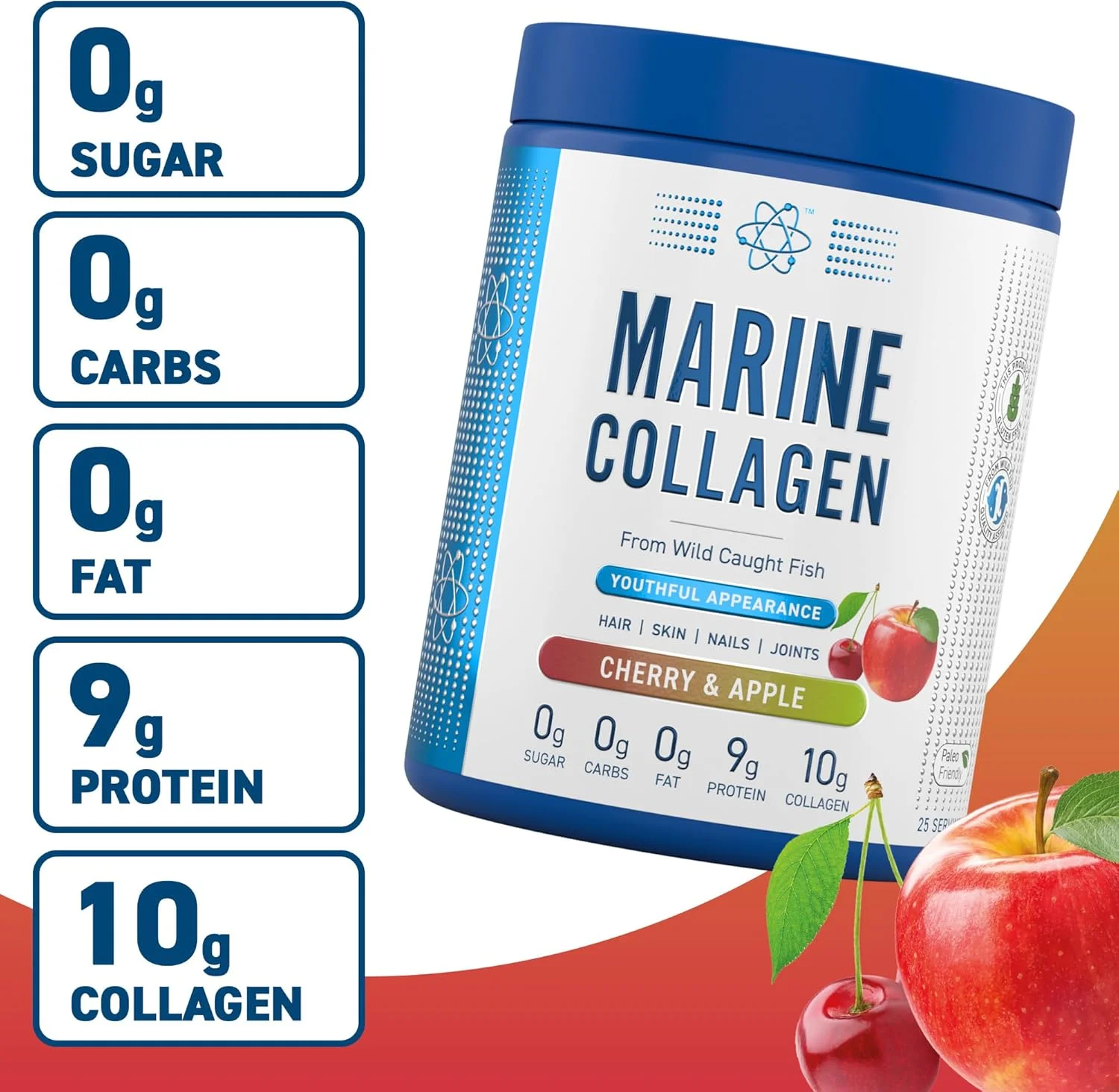پودر کلاژن دریایی Applied Nutrition - پروتئین کلاژن هیدرولیز شده، پوست، مو و ناخن سالم (300 گرم 25 سروینگ، توت فرنگی و لیموناد)