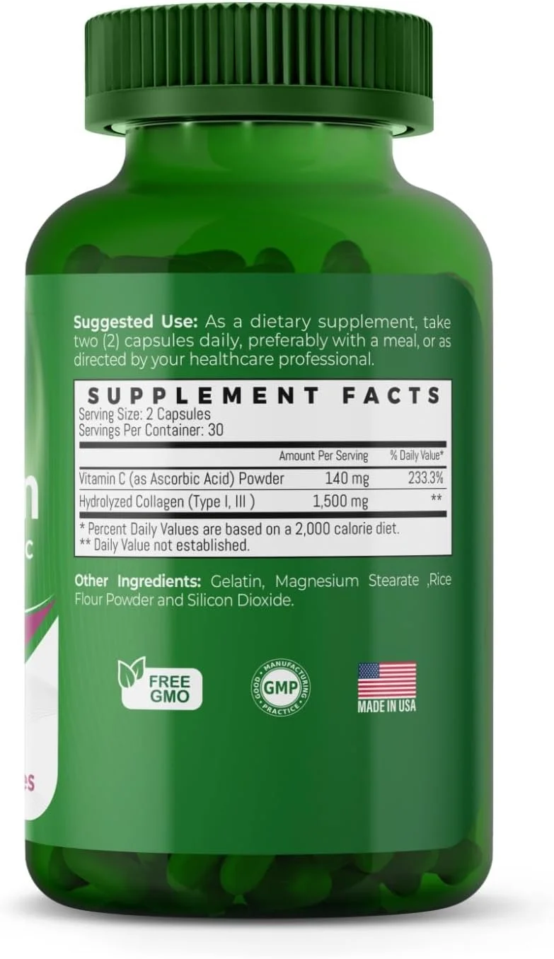 کپسول C-کلاژن | کلاژن هیدرولیز شده و ویتامین C | پوست درخشان، موهای سالم، ناخن ها و مفاصل | مکمل ضد پیری برای بزرگسالان | دارای گواهی حلال | بدون GMO | 60 کپسول کپسول C-کلاژن | کلاژن هیدرولیز شده و ویتامین C | پوست درخشان، موهای سالم، ناخن ها و مفاصل | مکمل ضد پیری برای بزرگسالان | دارای گواهی حلال | بدون GMO | 60 کپسول