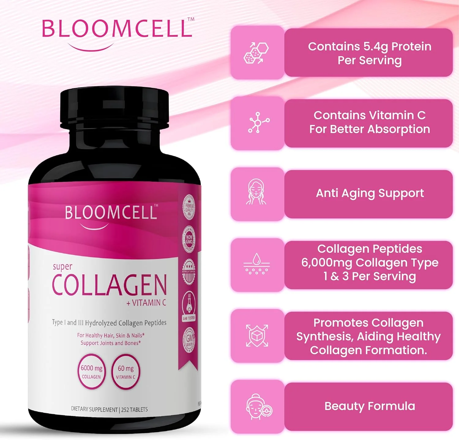 قرص کلاژن + ویتامین C بلومسل - 252 عدد | پپتیدهای کلاژن گاوی هیدرولیز شده نوع I و III | پشتیبانی از پوست، مو و ناخن | منبع با خلوص بالا برای سلامت مفاصل و استخوان | غیر GMO، بدون گلوتن قرص کلاژن + ویتامین C بلومسل - 252 عدد | پپتیدهای کلاژن گاوی هیدرولیز شده نوع I و III | پشتیبانی از پوست، مو و ناخن | منبع با خلوص بالا برای سلامت مفاصل و استخوان | غیر GMO، بدون گلوتن